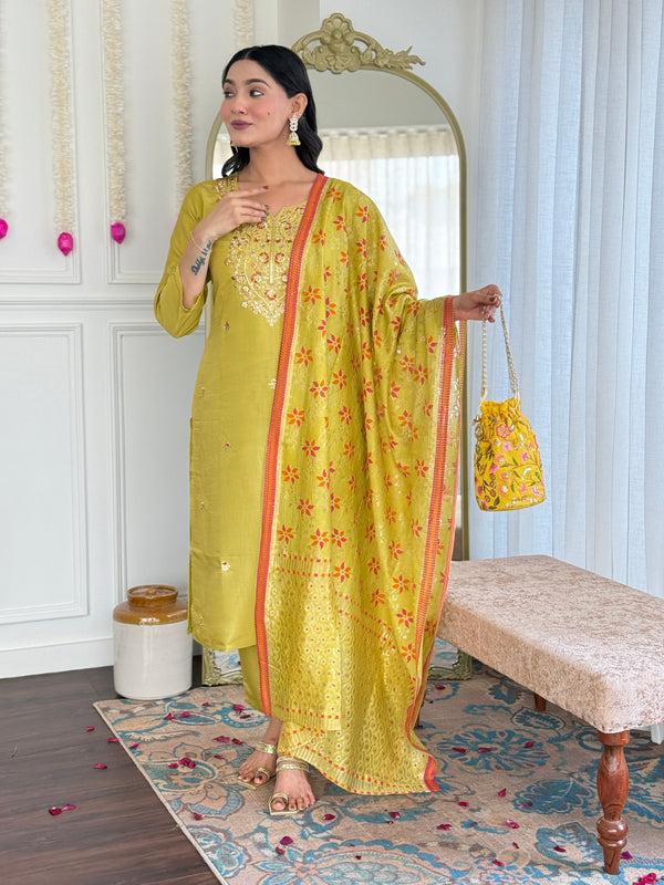 Attractive Mustard Color Viscose Chanderi With Embroidery Work Beautiful Kurta Set