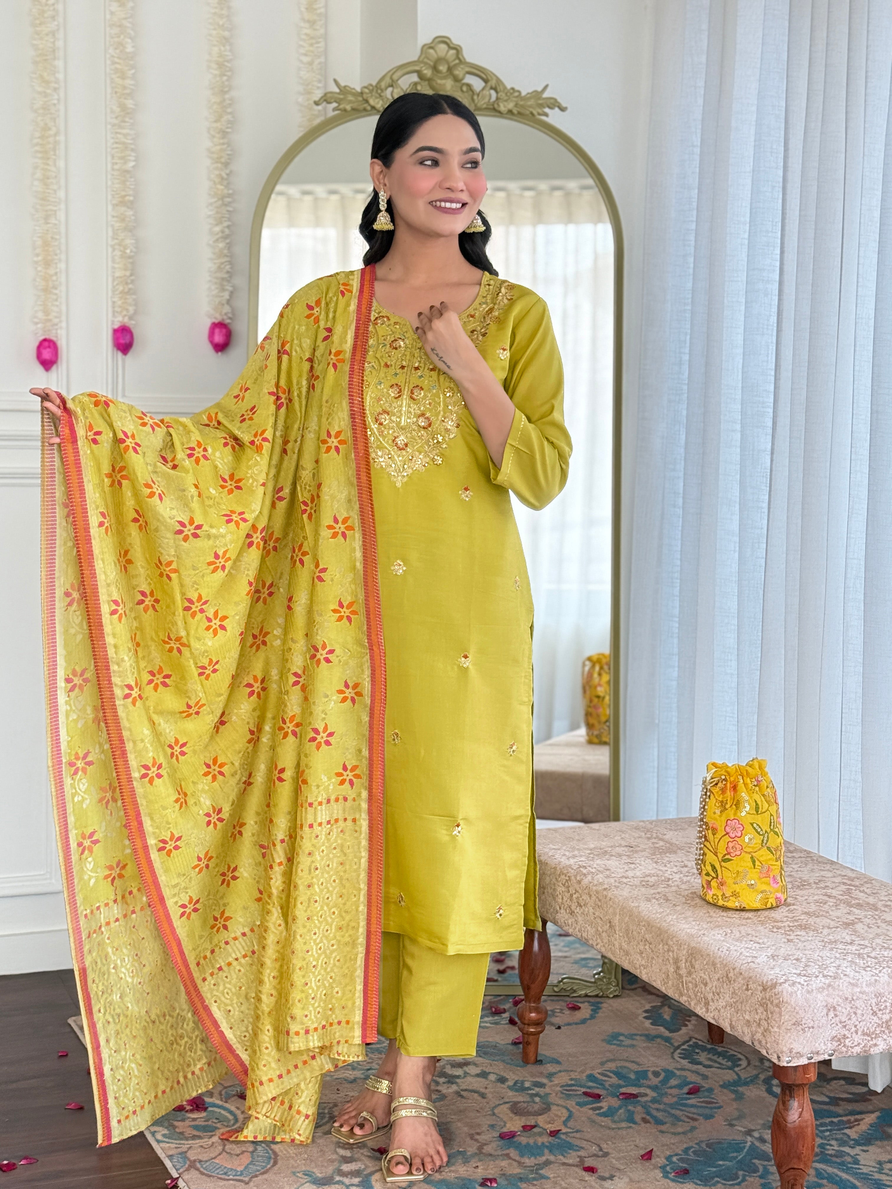 Attractive Mustard Color Viscose Chanderi With Embroidery Work Beautiful Kurta Set