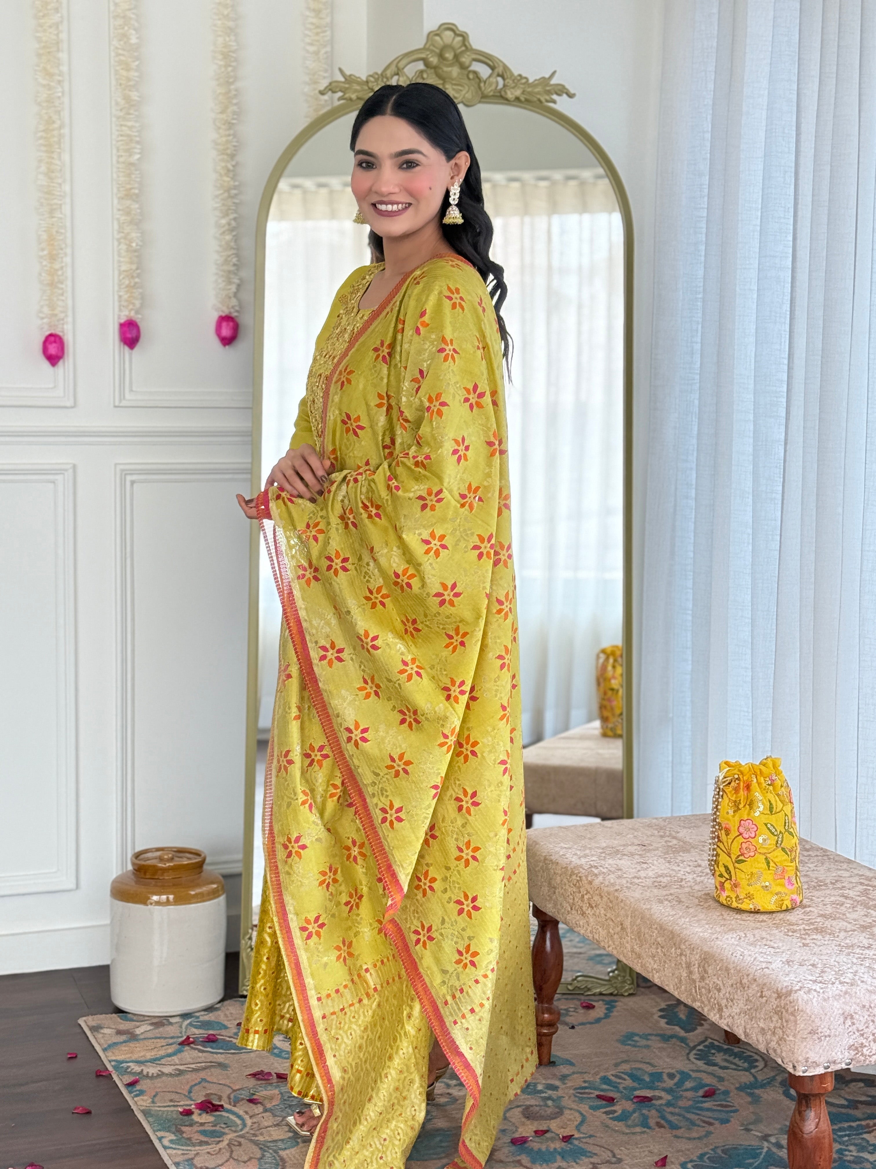 Attractive Mustard Color Viscose Chanderi With Embroidery Work Beautiful Kurta Set
