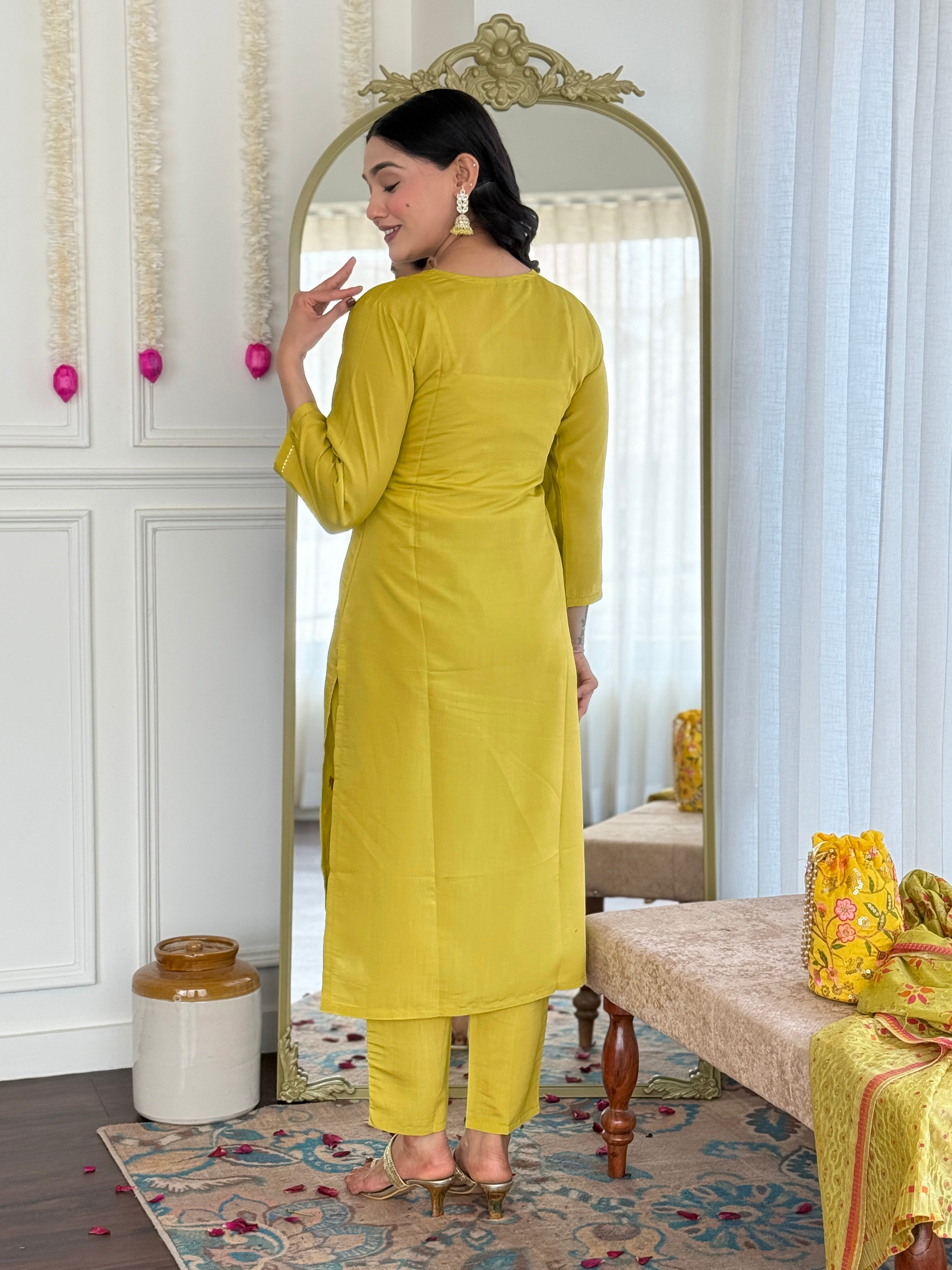Attractive Mustard Color Viscose Chanderi With Embroidery Work Beautiful Kurta Set