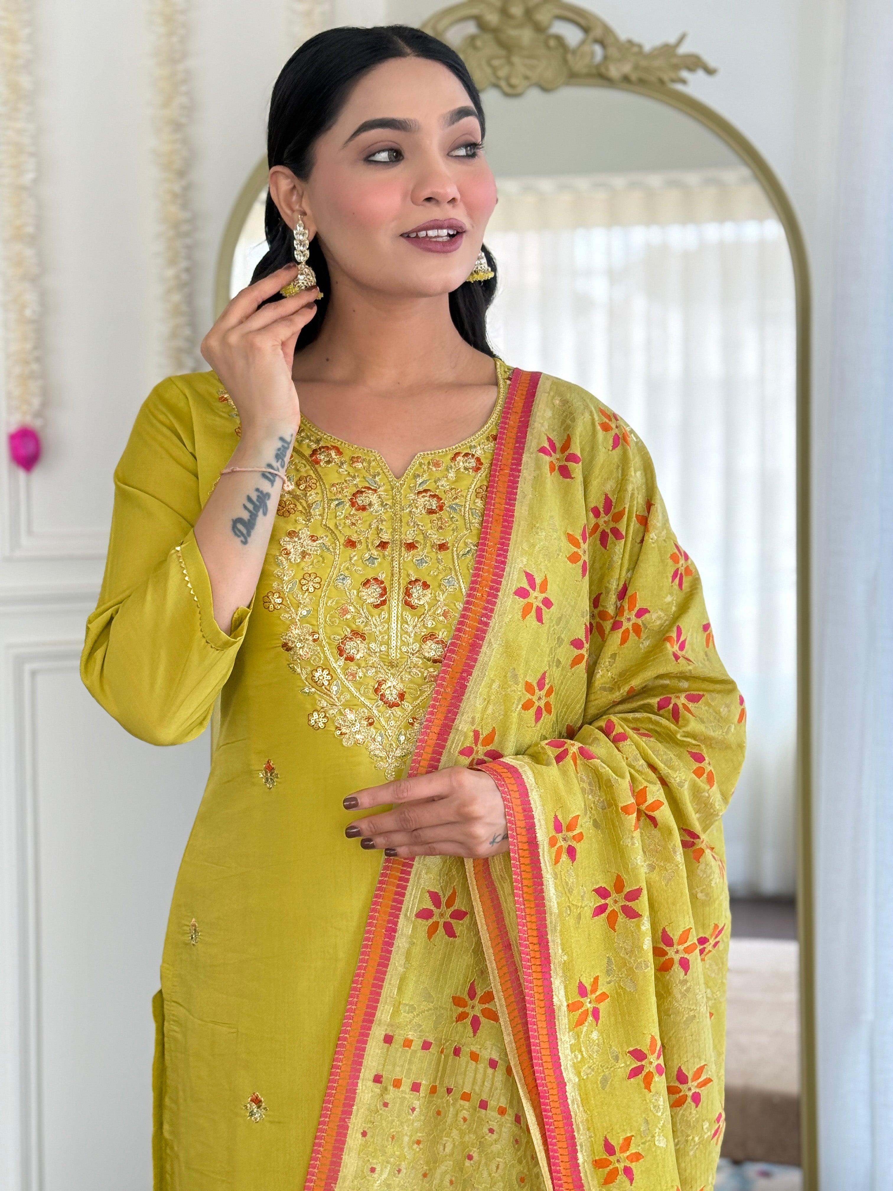 Attractive Mustard Color Viscose Chanderi With Embroidery Work Beautiful Kurta Set