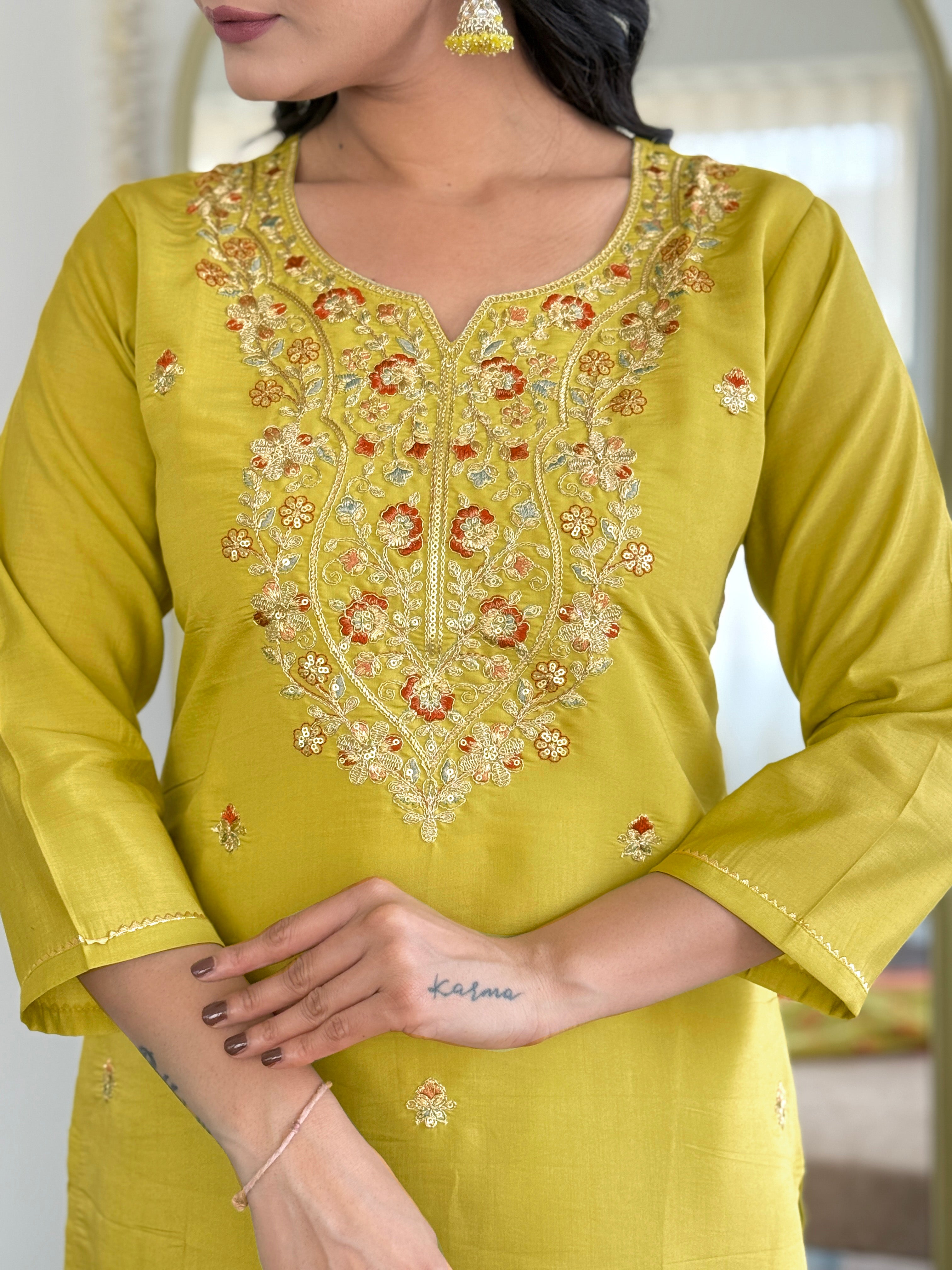 Attractive Mustard Color Viscose Chanderi With Embroidery Work Beautiful Kurta Set