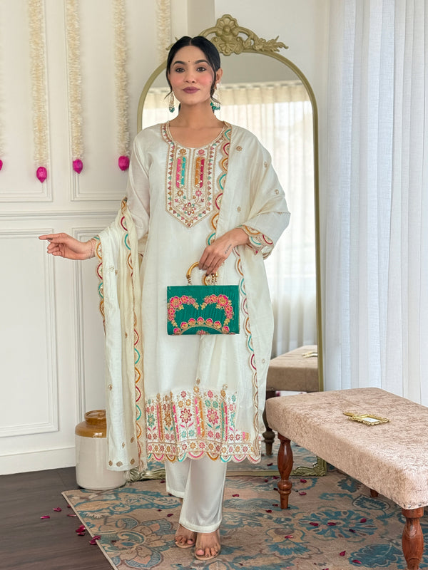 Wedding Wear Off White Color Viscose Chanderi With Embroidery Work Beautiful Kurta Set