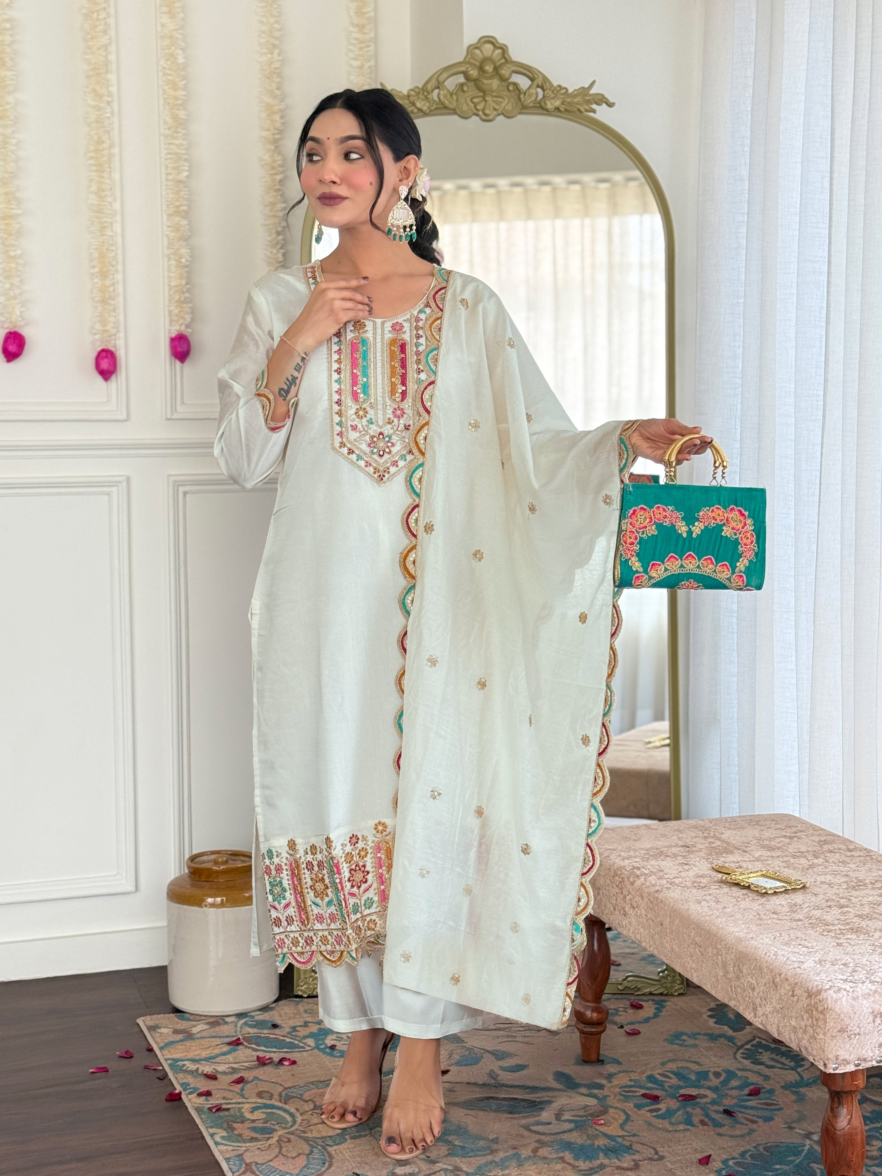 Wedding Wear Off White Color Viscose Chanderi With Embroidery Work Beautiful Kurta Set
