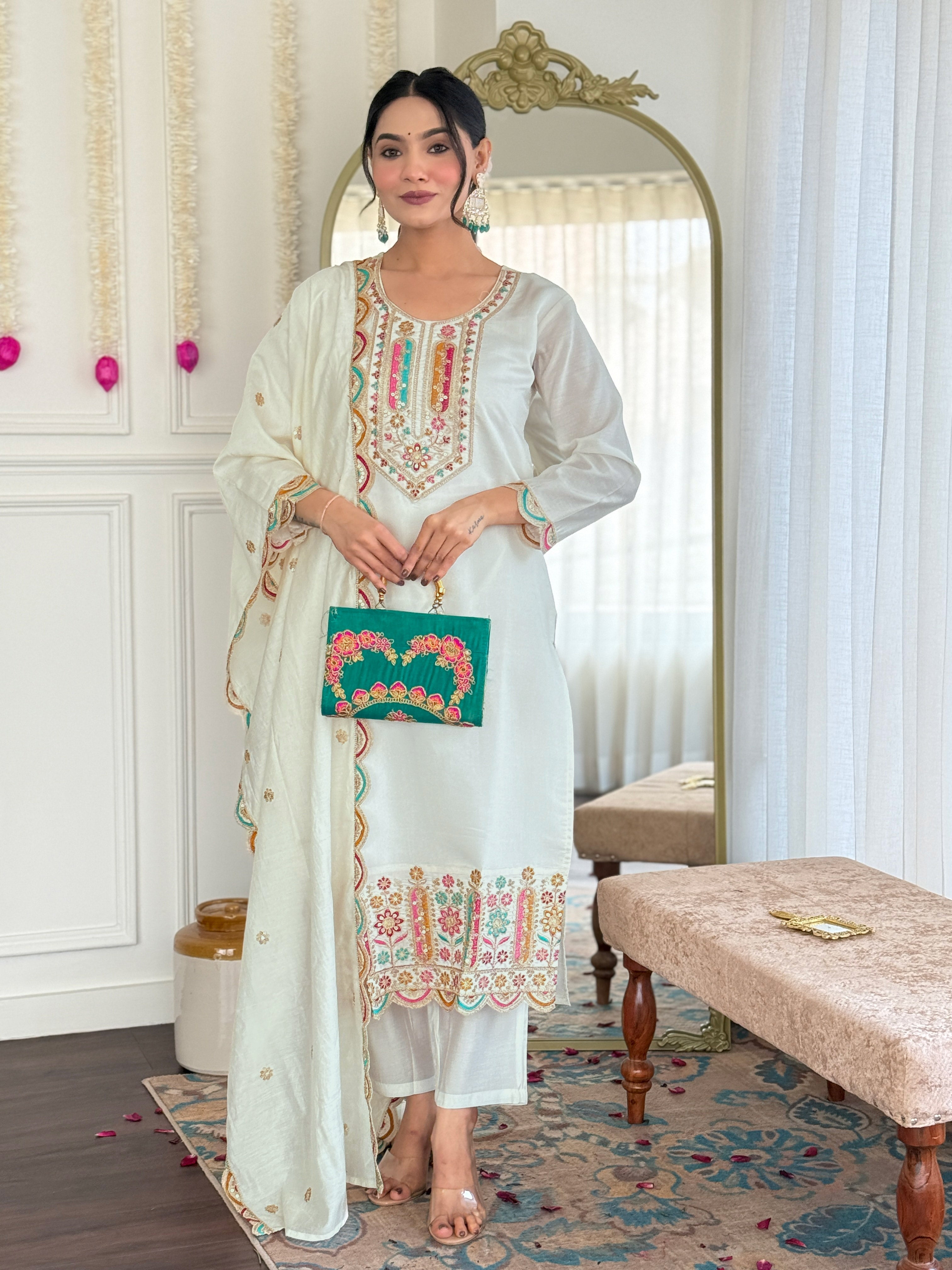 Wedding Wear Off White Color Viscose Chanderi With Embroidery Work Beautiful Kurta Set