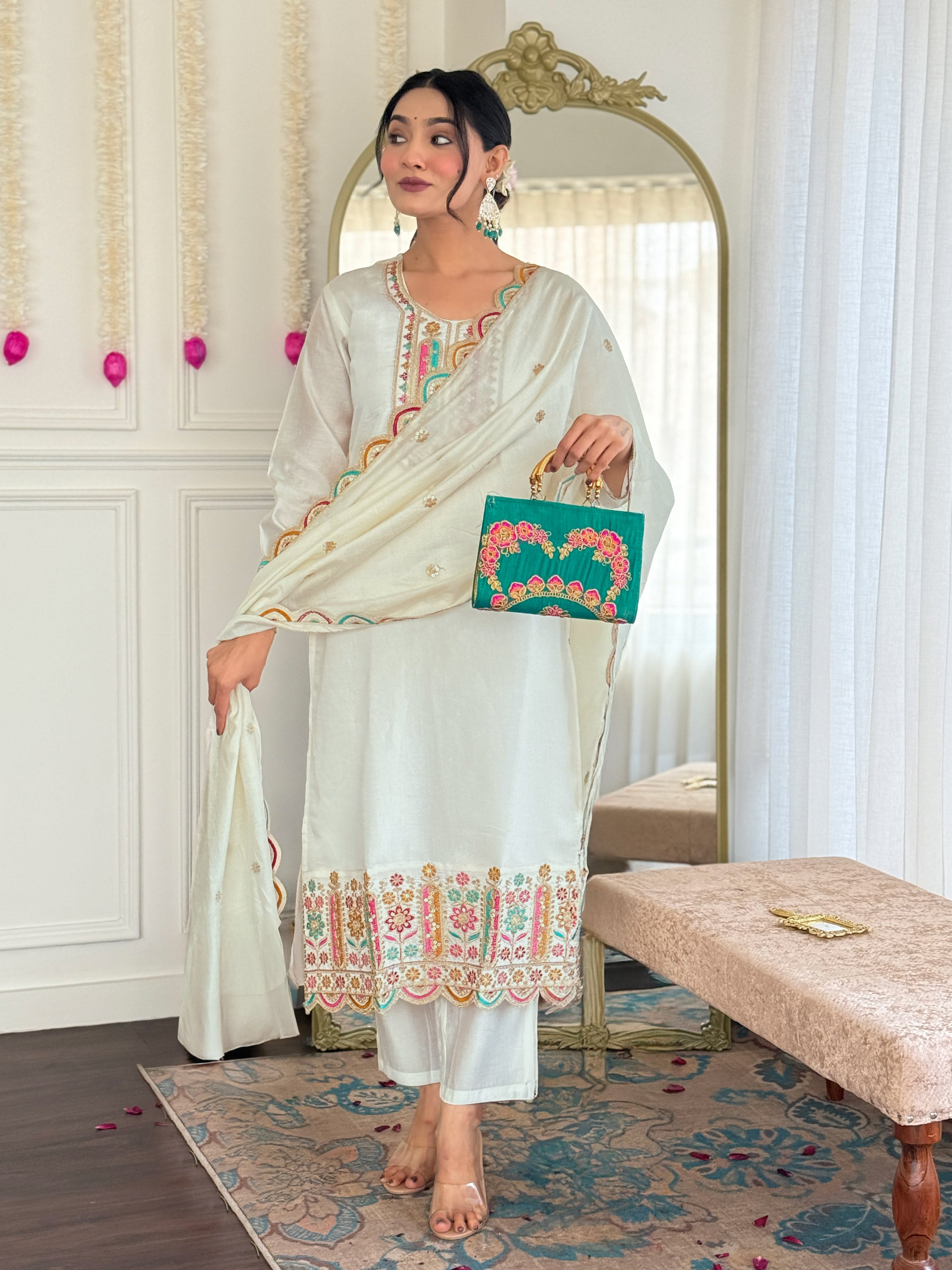 Wedding Wear Off White Color Viscose Chanderi With Embroidery Work Beautiful Kurta Set