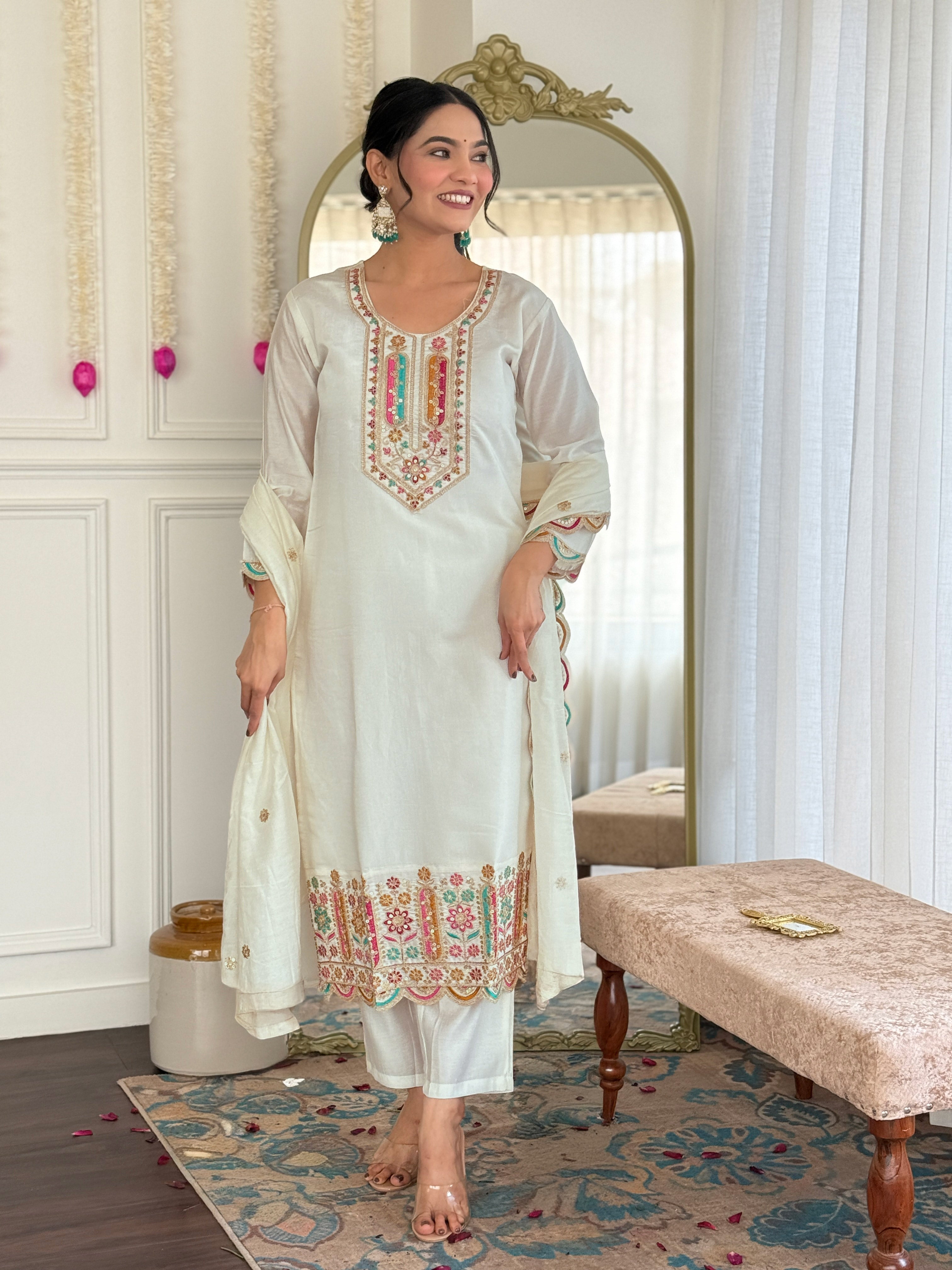 Wedding Wear Off White Color Viscose Chanderi With Embroidery Work Beautiful Kurta Set