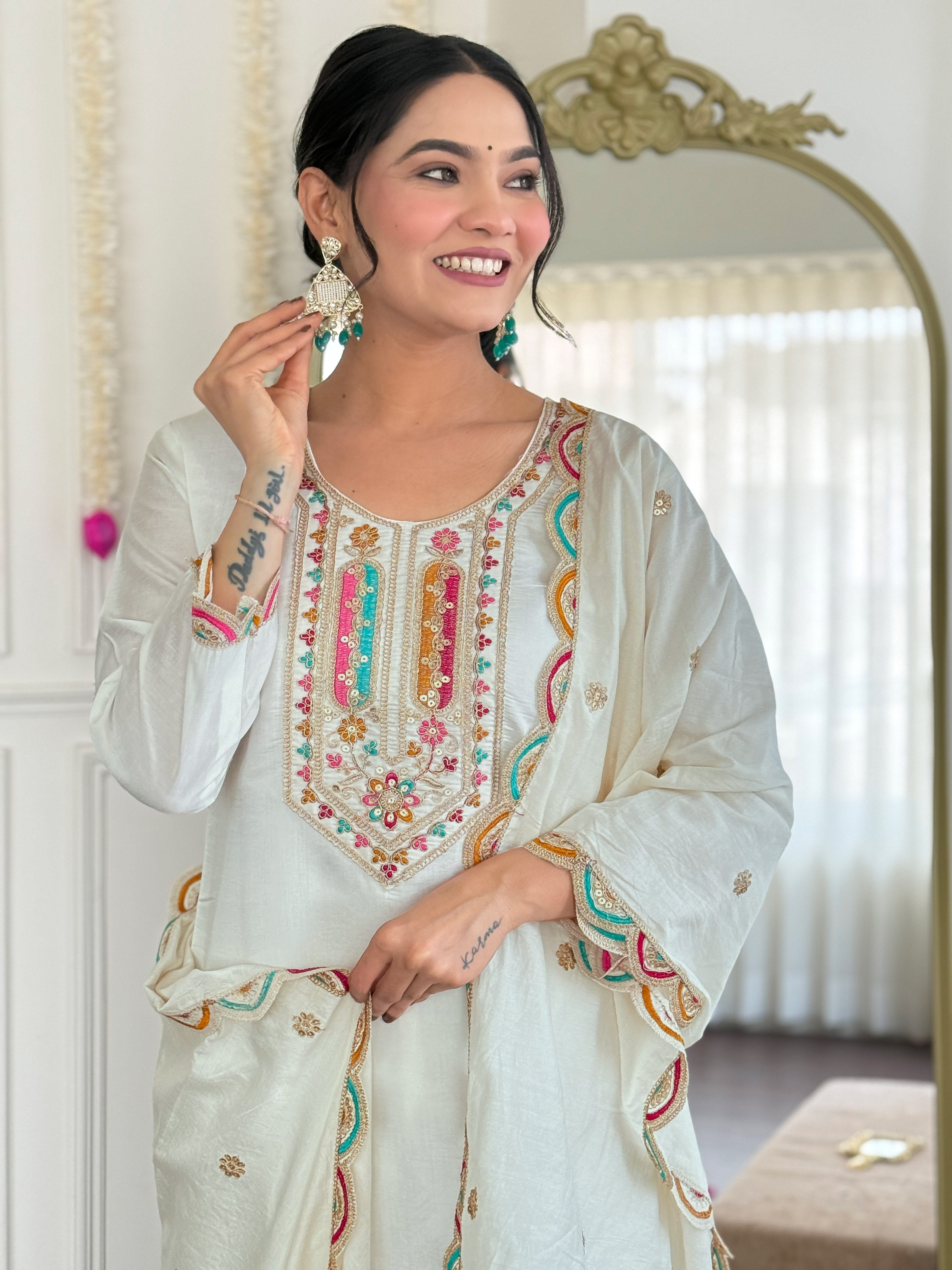 Wedding Wear Off White Color Viscose Chanderi With Embroidery Work Beautiful Kurta Set