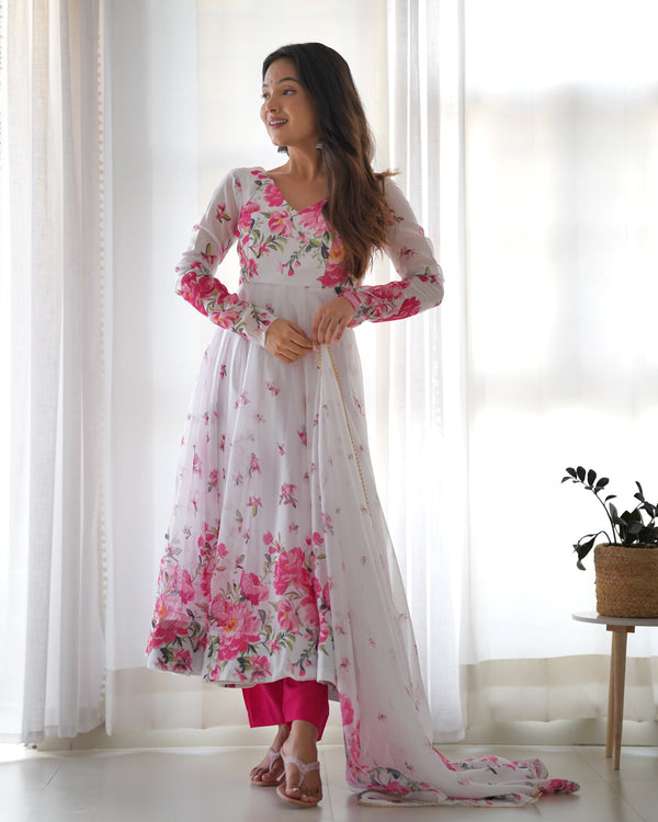 Floral Print White Color Organza Anarkali Suit