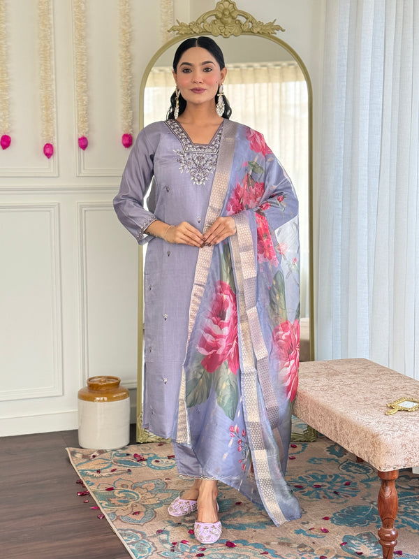 Dazzling Lavender Color Viscose Chanderi With Embroidery Work Beautiful Kurta Set