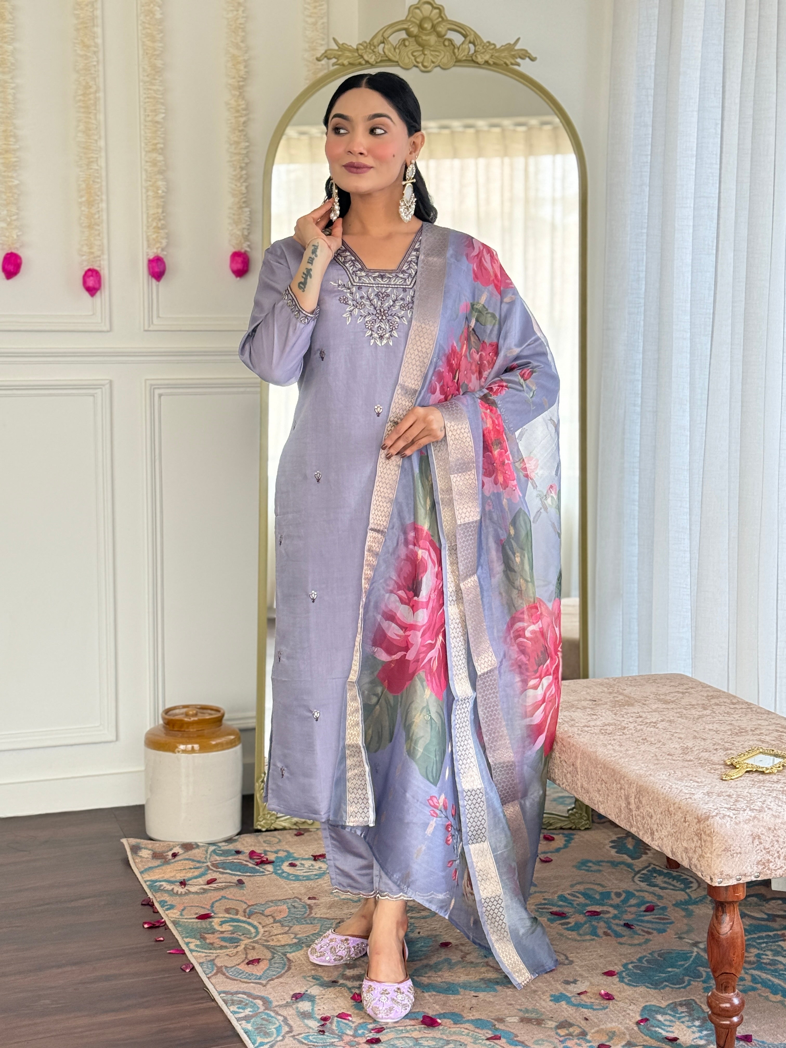 Dazzling Lavender Color Viscose Chanderi With Embroidery Work Beautiful Kurta Set