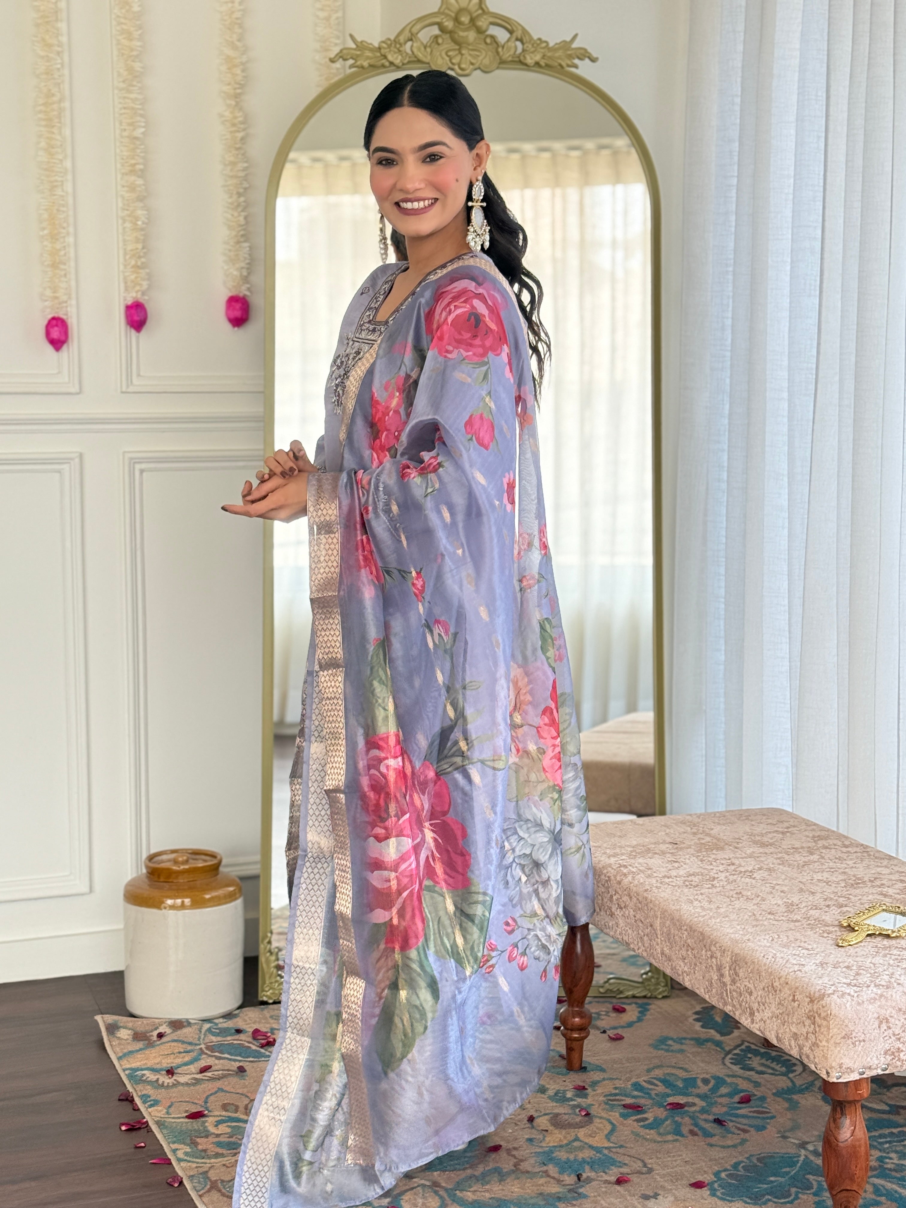 Dazzling Lavender Color Viscose Chanderi With Embroidery Work Beautiful Kurta Set