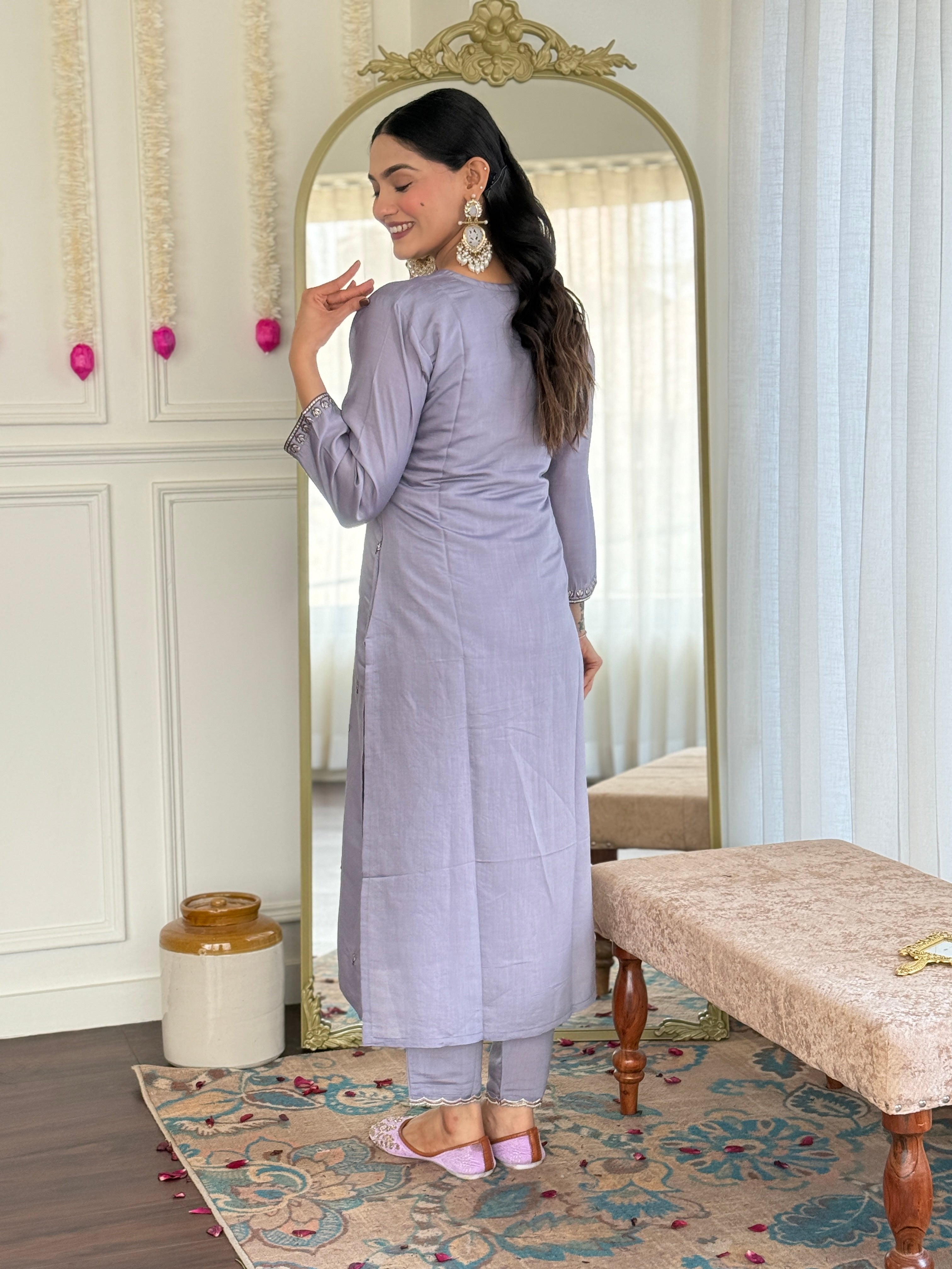 Dazzling Lavender Color Viscose Chanderi With Embroidery Work Beautiful Kurta Set