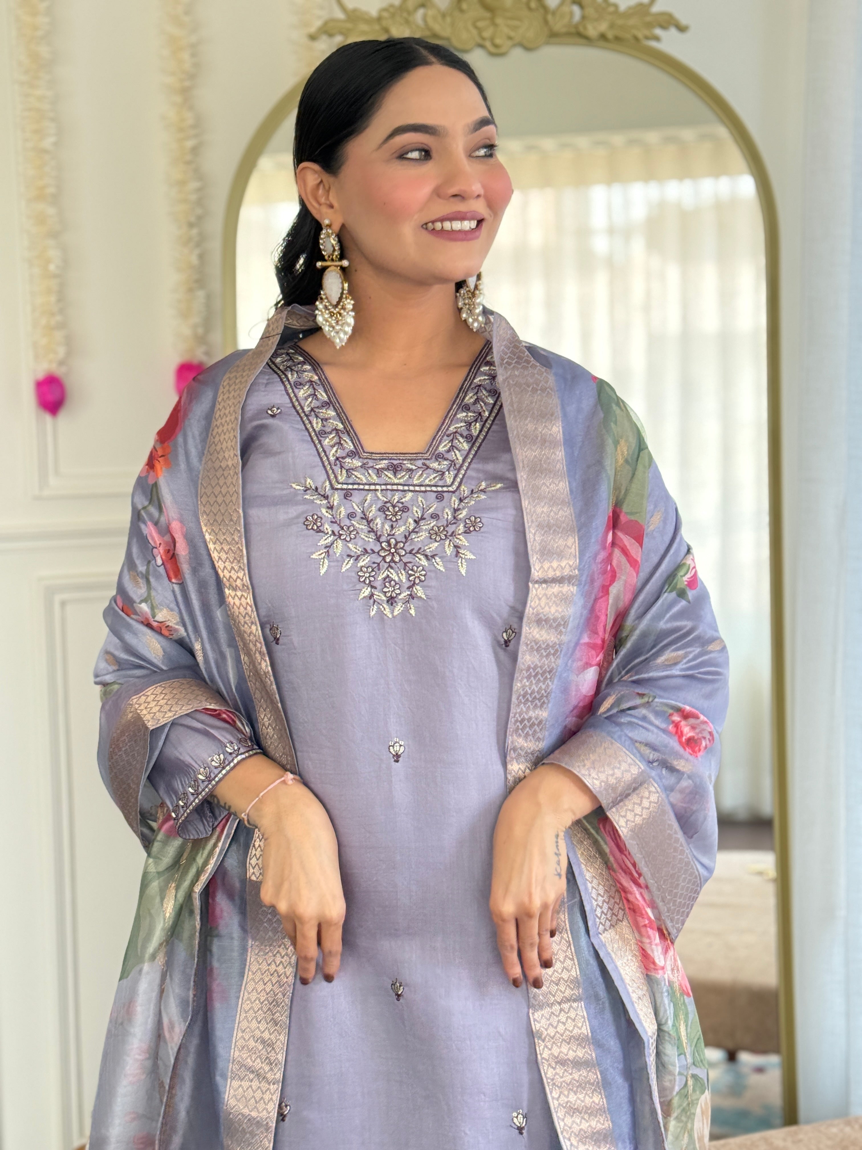 Dazzling Lavender Color Viscose Chanderi With Embroidery Work Beautiful Kurta Set