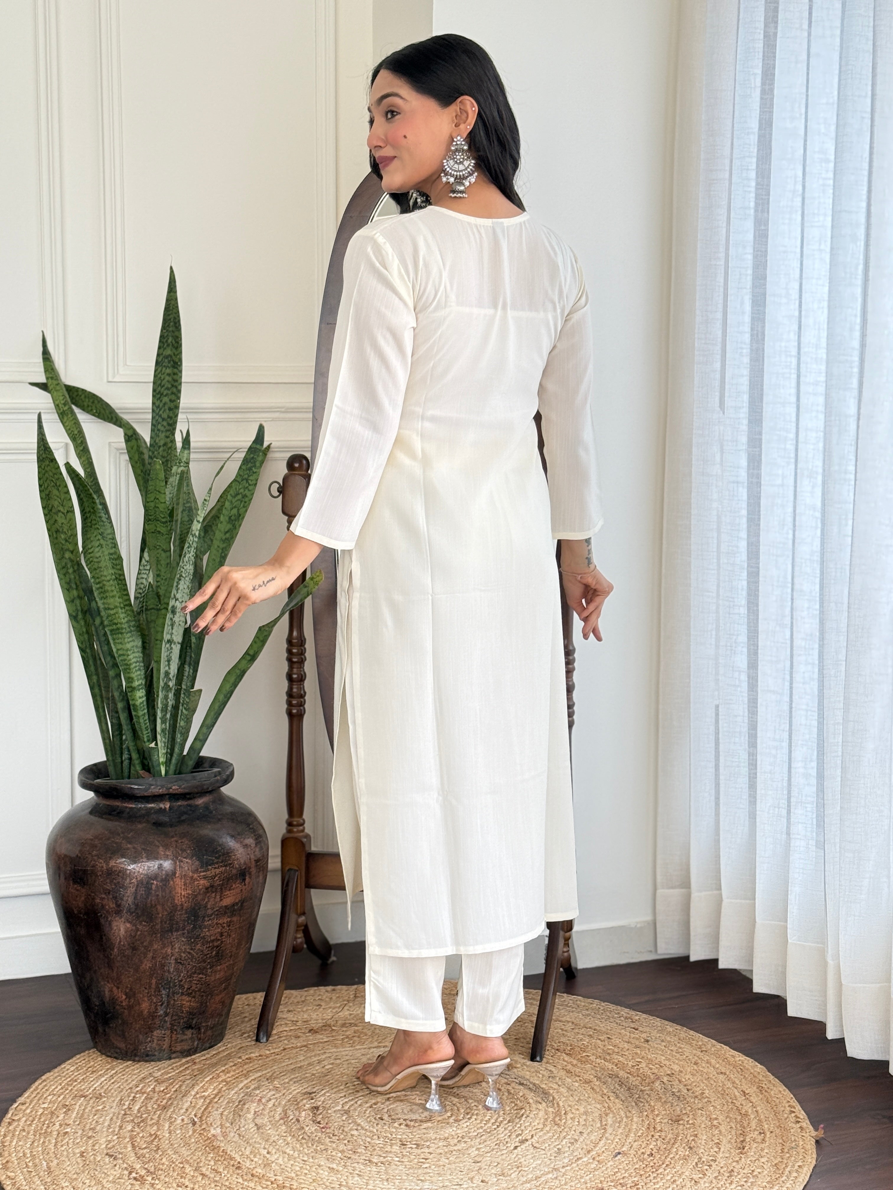 Opulent Off White Color Viscose Blend Rayon With Embroidery Work Designer Kurta Set