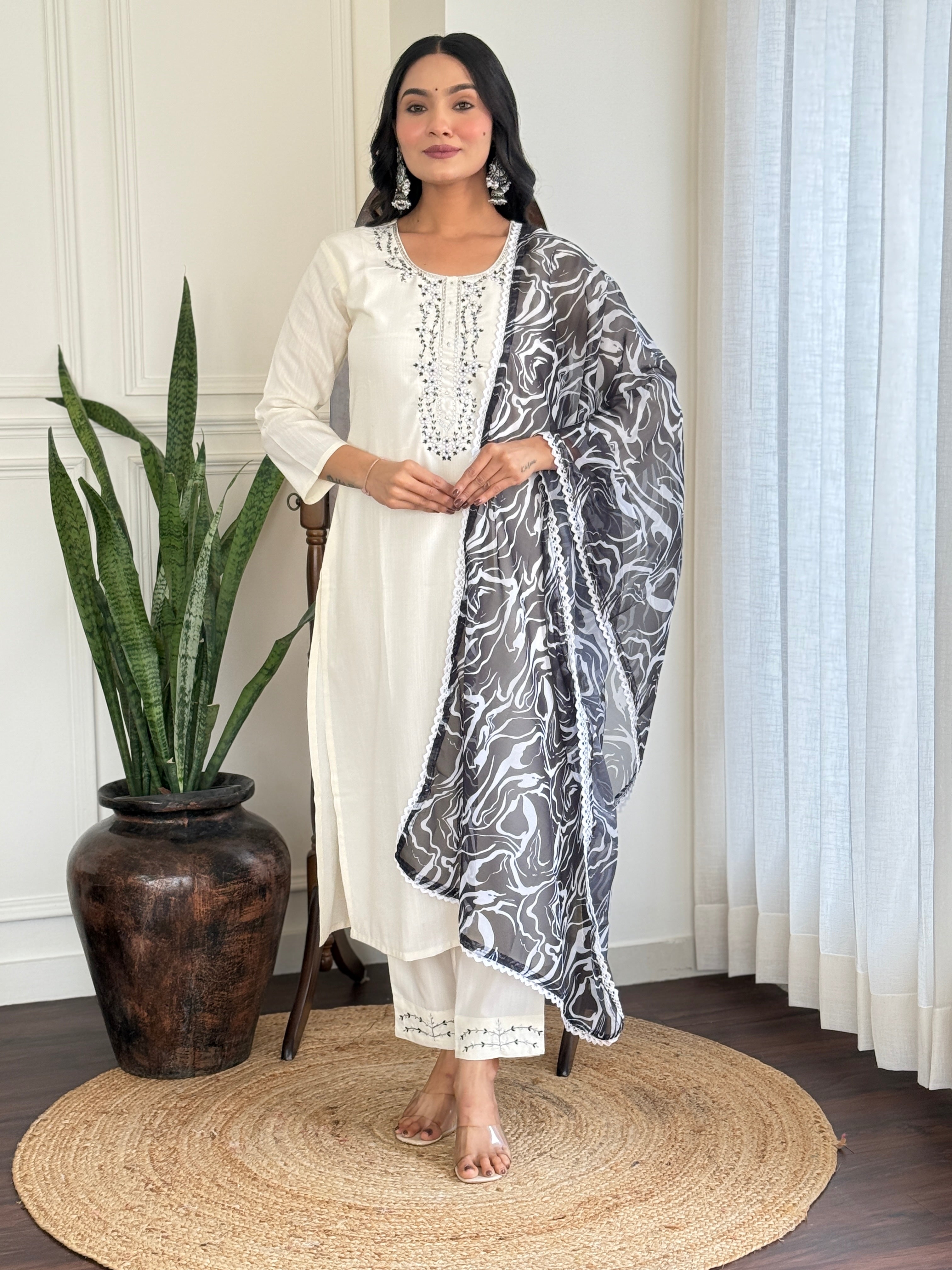 Opulent Off White Color Viscose Blend Rayon With Embroidery Work Designer Kurta Set