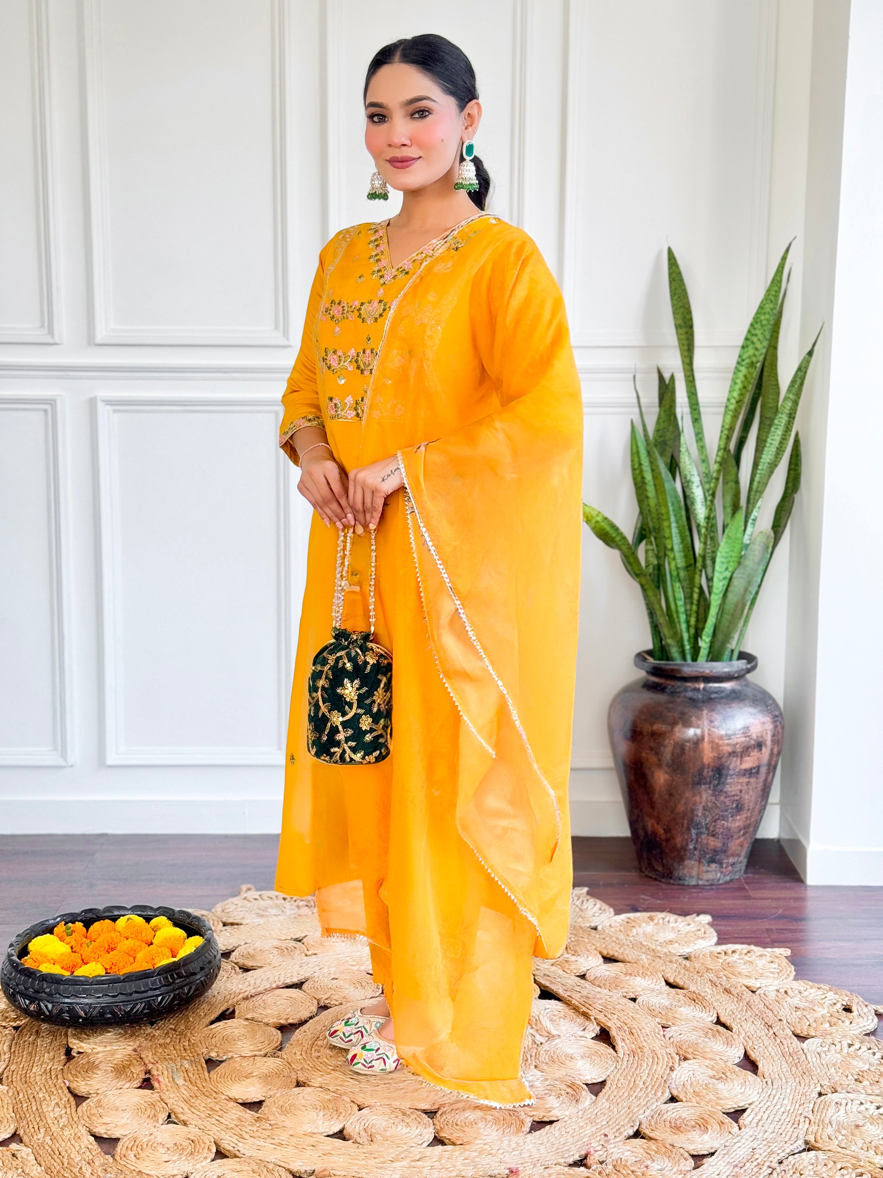Luxuriant Yellow Color Chanderi Silk With Embroidered Work Beautiful Kurta Set