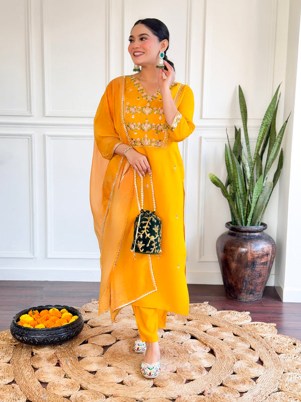 Luxuriant Yellow Color Chanderi Silk With Embroidered Work Beautiful Kurta Set