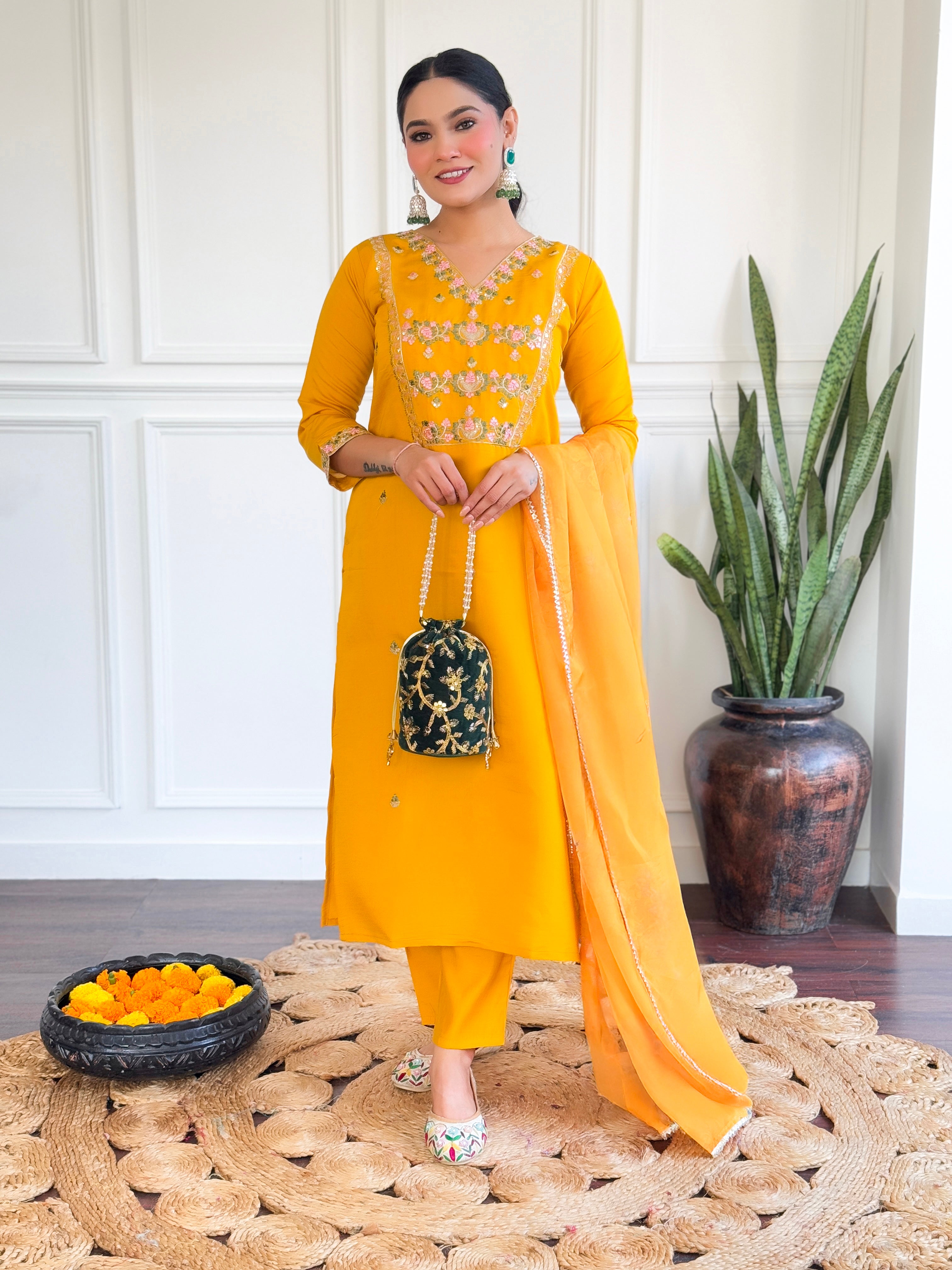 Luxuriant Yellow Color Chanderi Silk With Embroidered Work Beautiful Kurta Set