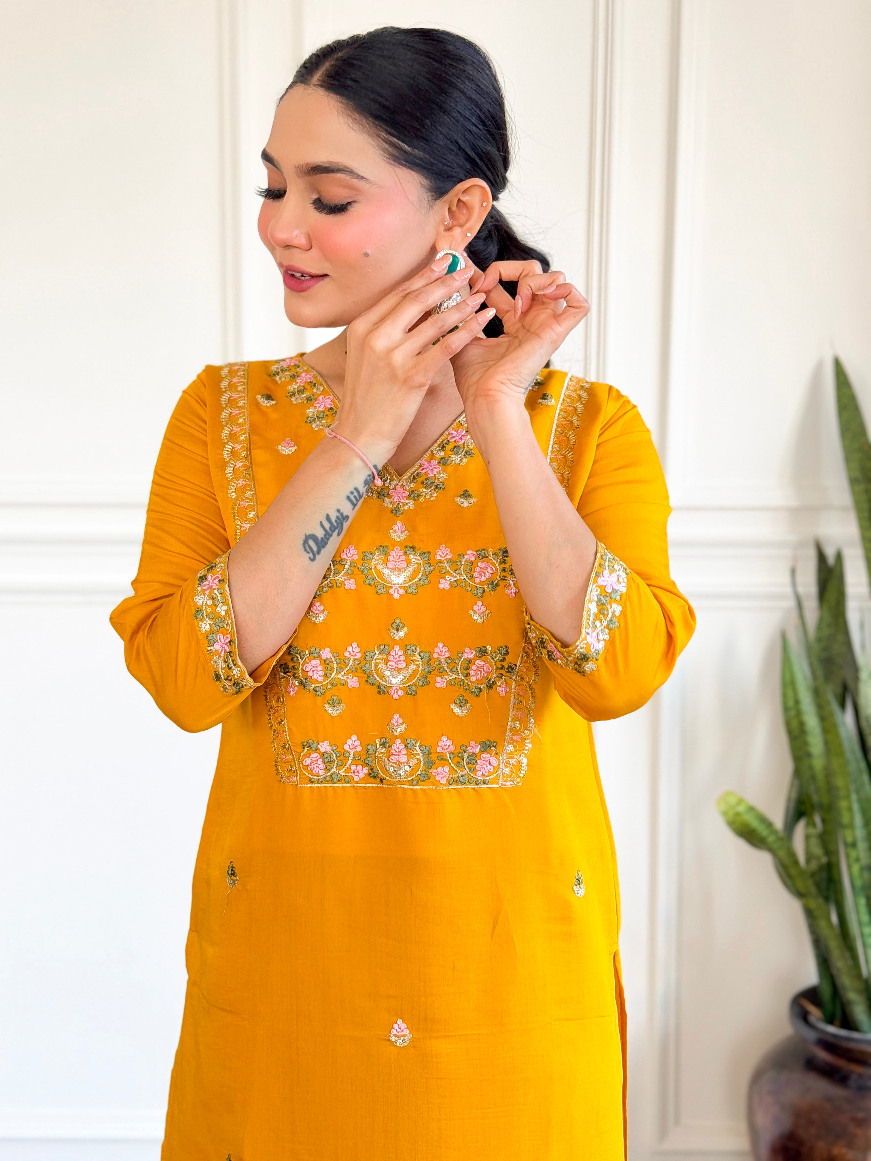 Luxuriant Yellow Color Chanderi Silk With Embroidered Work Beautiful Kurta Set