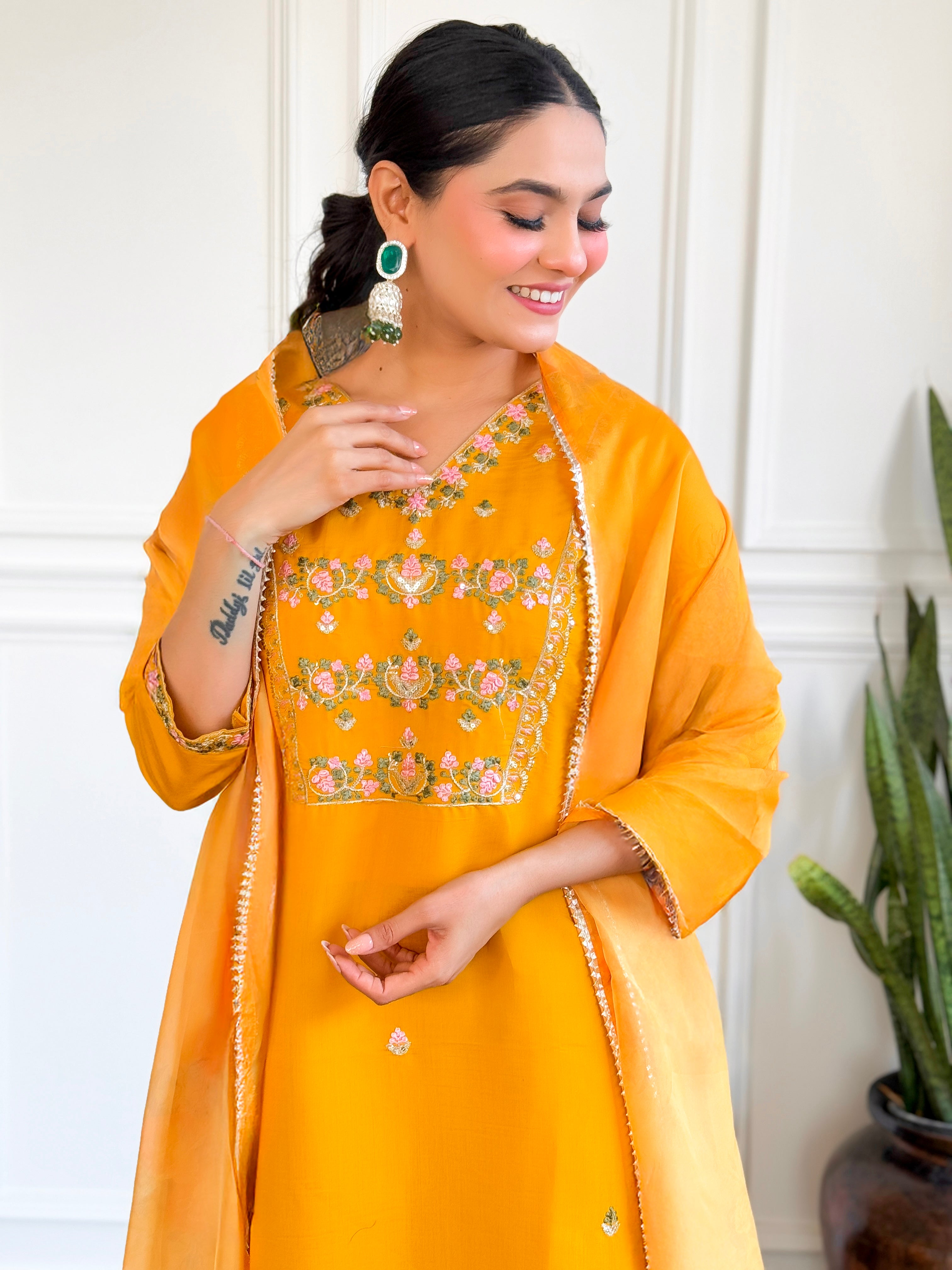 Luxuriant Yellow Color Chanderi Silk With Embroidered Work Beautiful Kurta Set