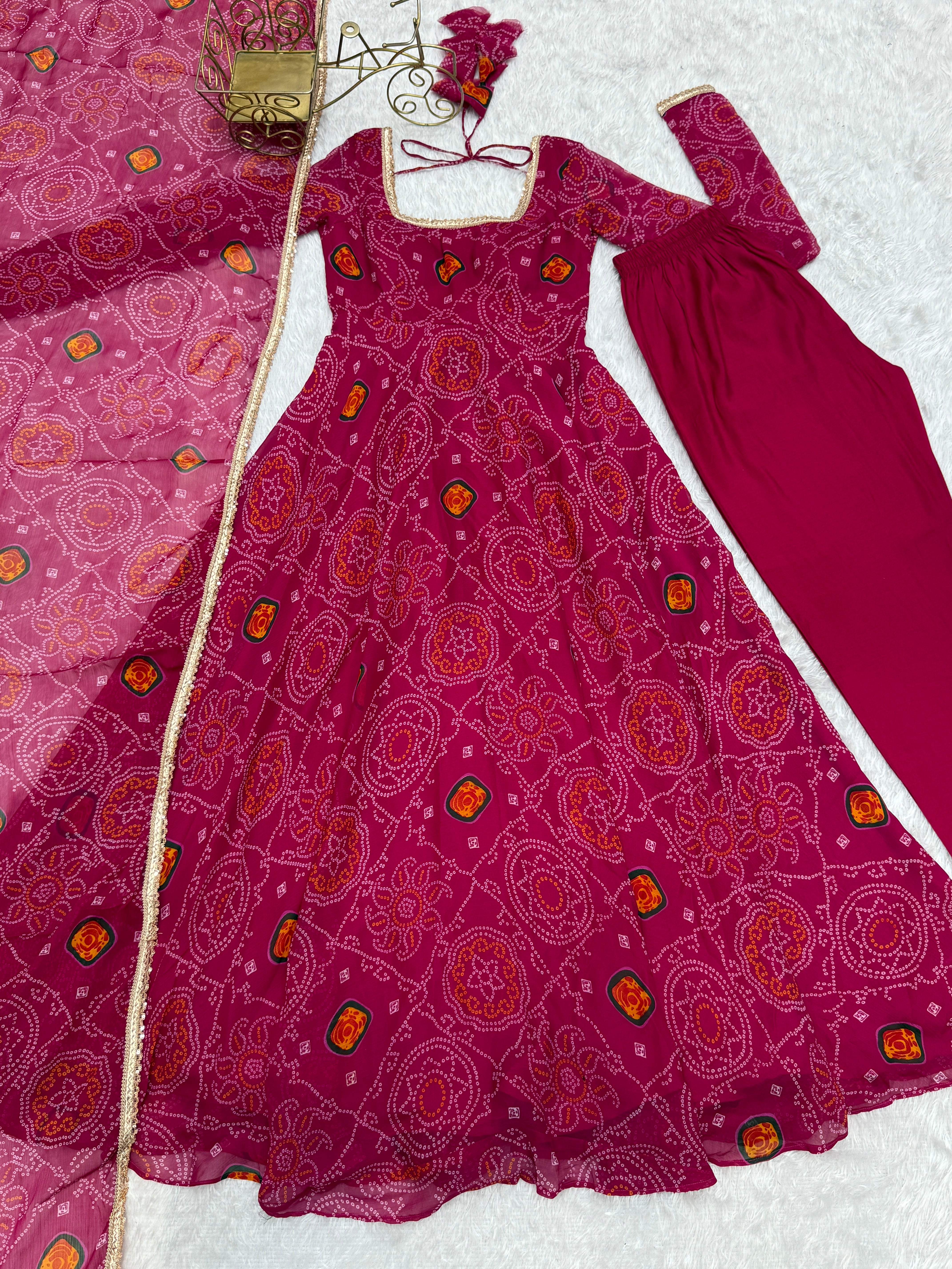 Festive Wear Rani Pink Color Pure Soft Lightweight Chiffon Bandhej Fabric Designer Gown