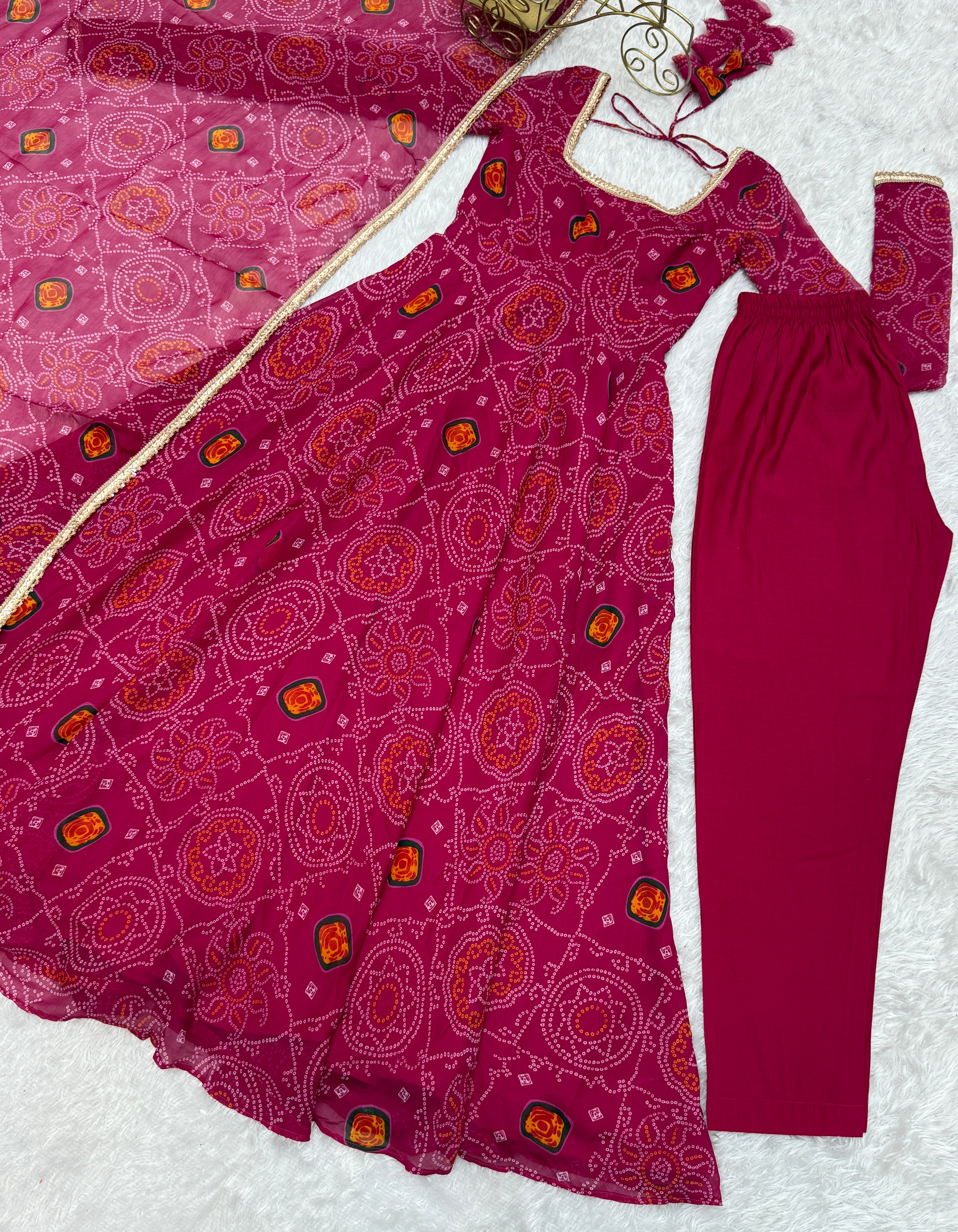 Festive Wear Rani Pink Color Pure Soft Lightweight Chiffon Bandhej Fabric Designer Gown