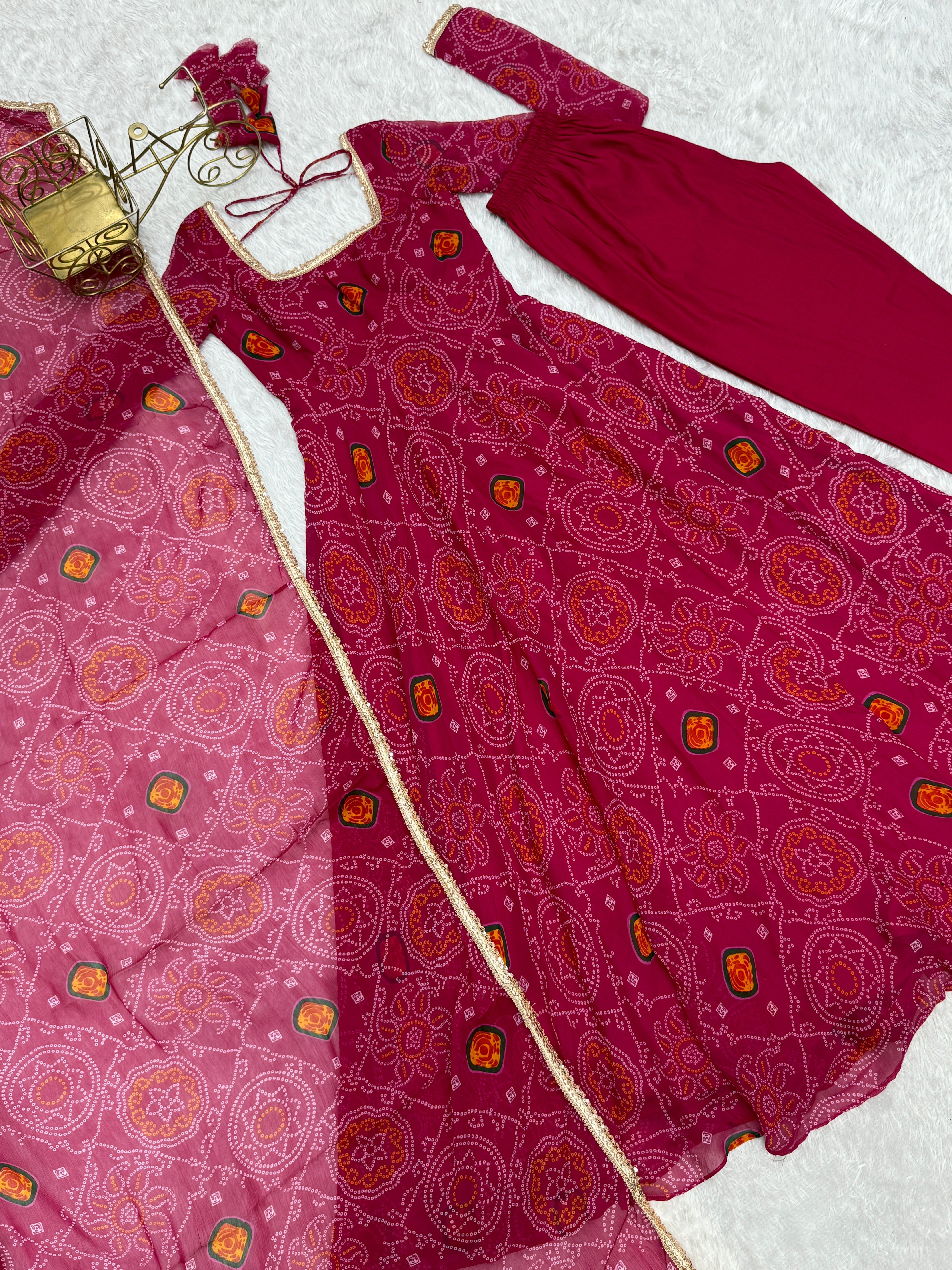 Festive Wear Rani Pink Color Pure Soft Lightweight Chiffon Bandhej Fabric Designer Gown