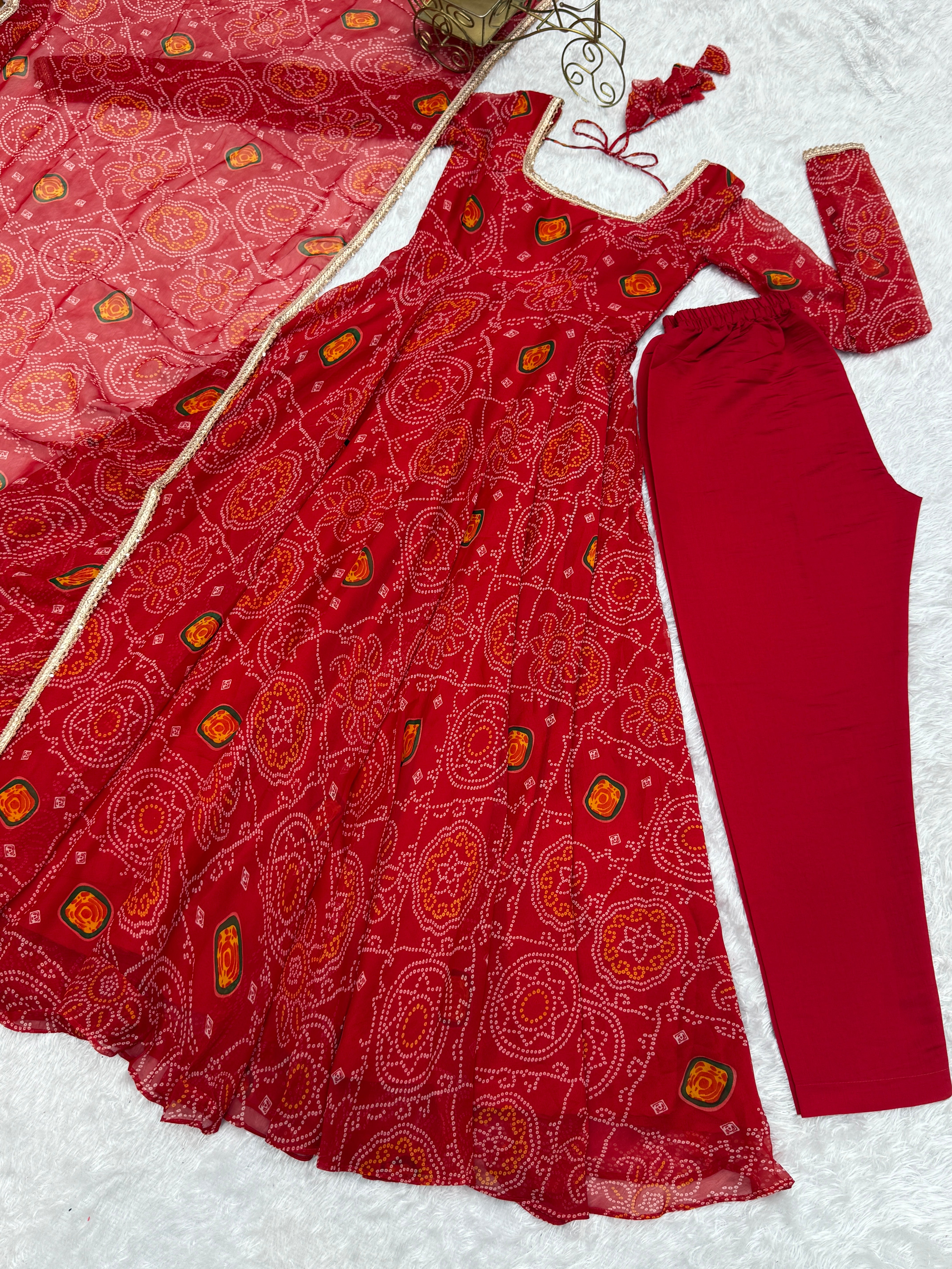 Festive Wear Red Color Pure Soft Lightweight Chiffon Bandhej Fabric Designer Gown