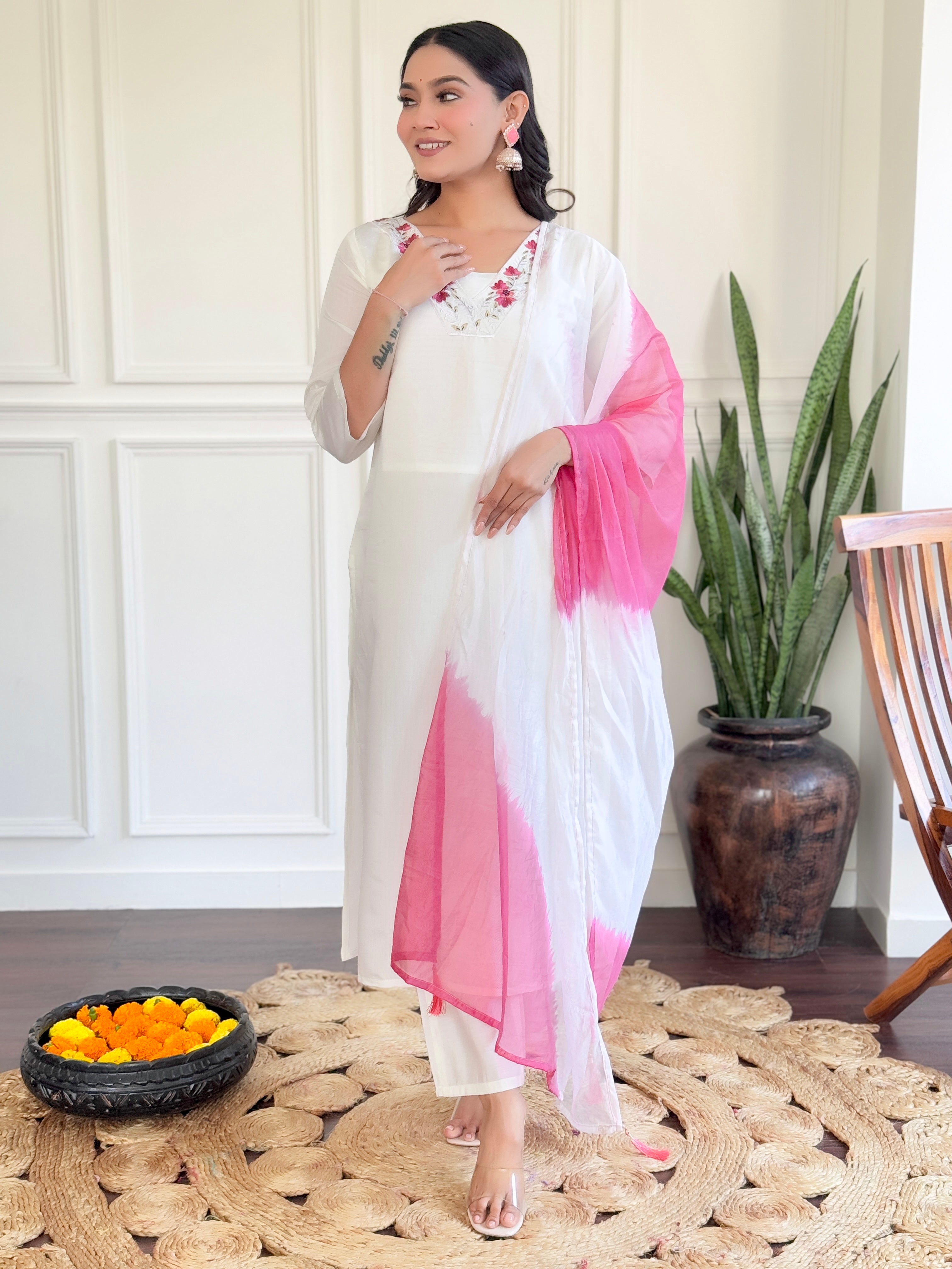 Blissful White Color Chanderi With Embroidered Work Designer Kurta Set