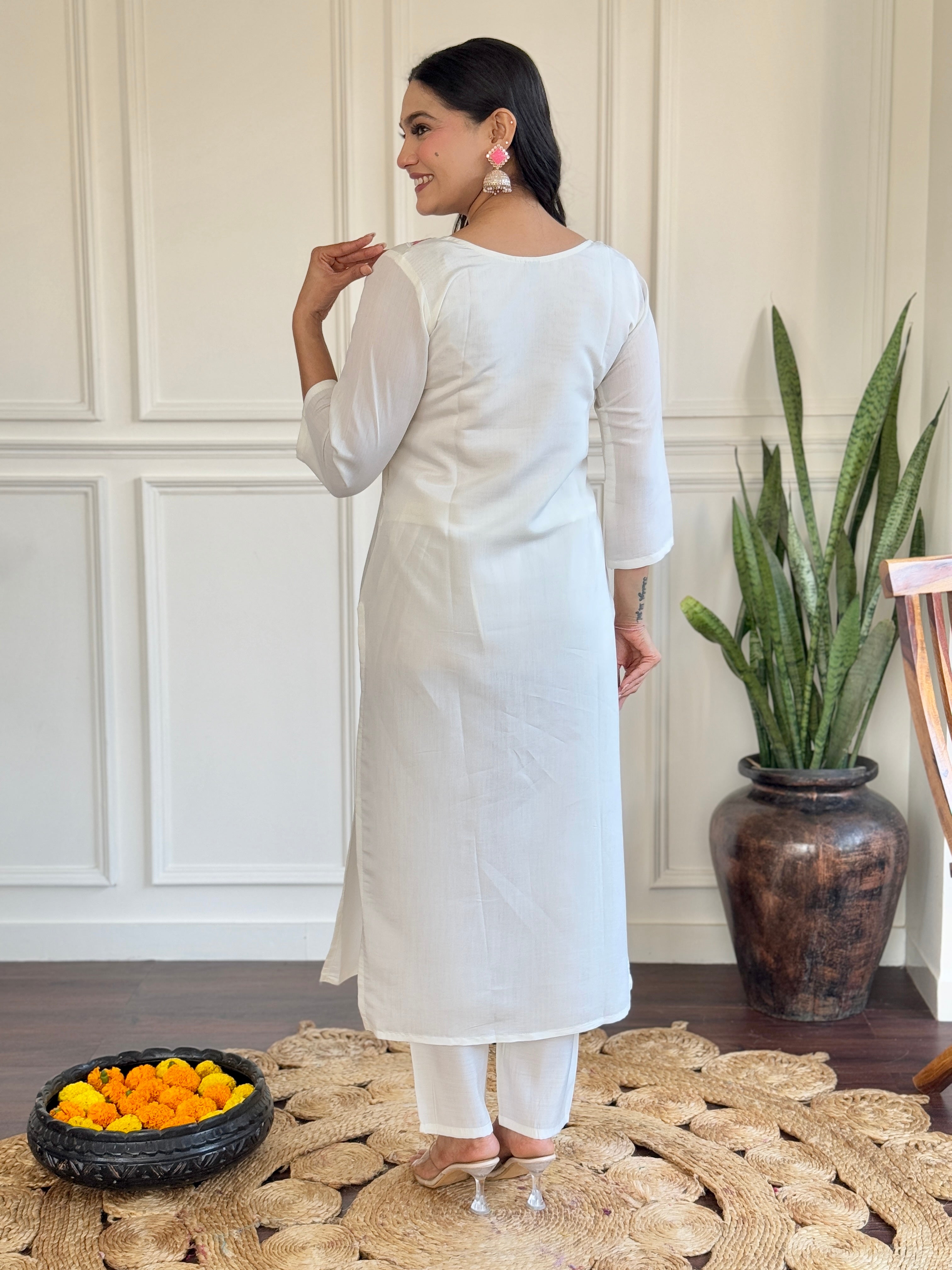 Blissful White Color Chanderi With Embroidered Work Designer Kurta Set