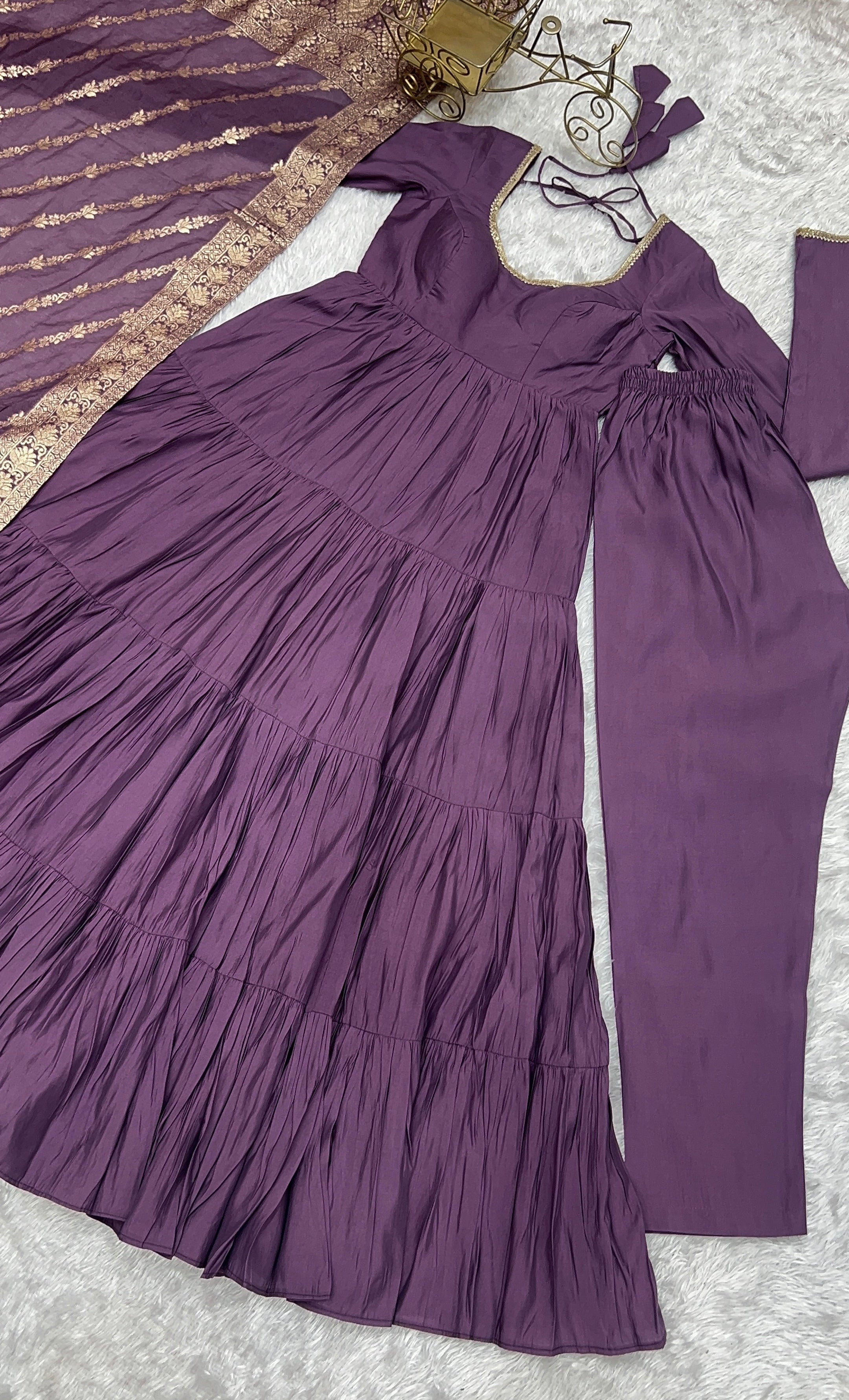 Presenting Purple Color Pure Roman Silk Chanderi Fabric Fully Flair Anarkali Gown With Dupatta