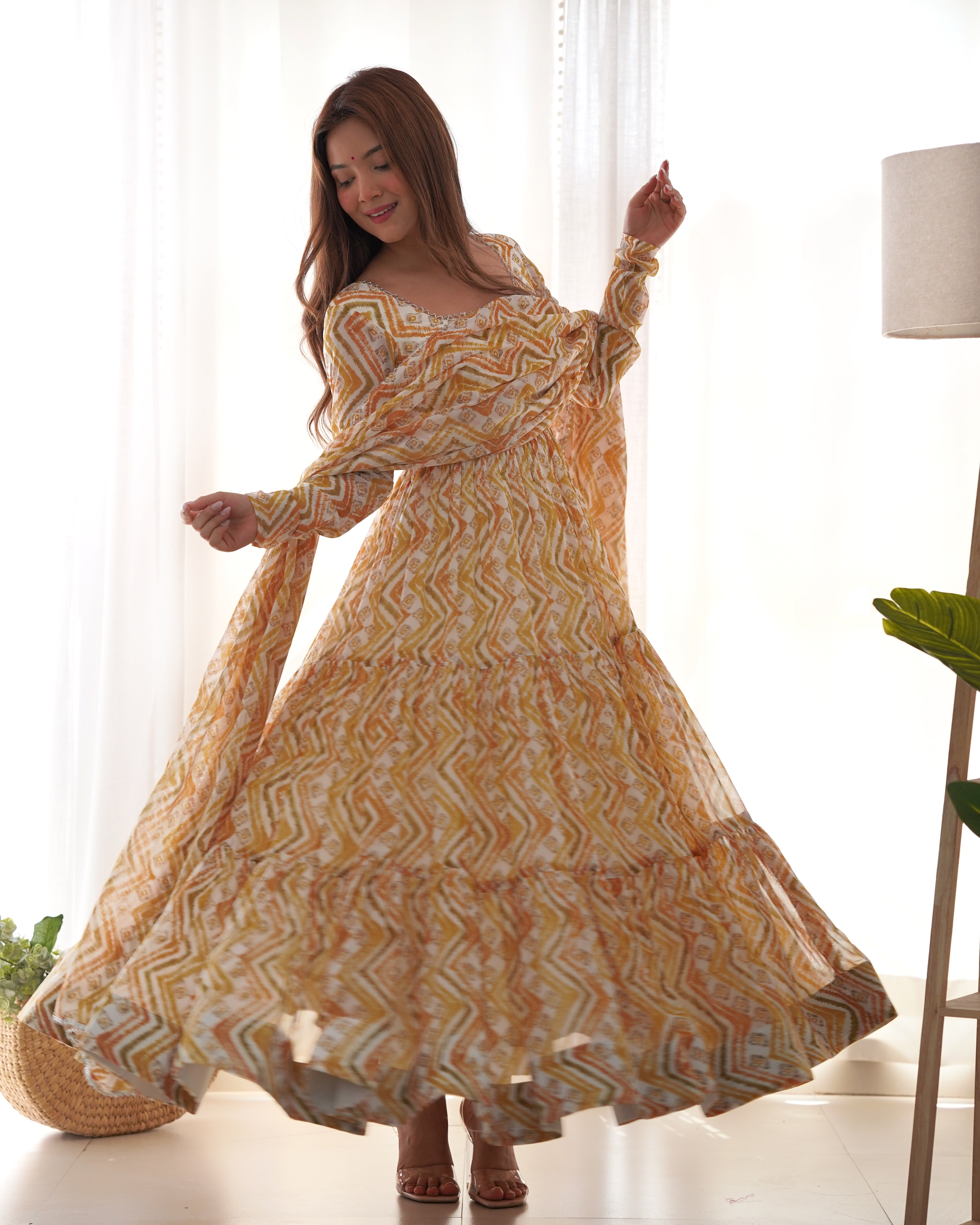 Fabulous Cream Color Zigzag Print Anarkali Suit