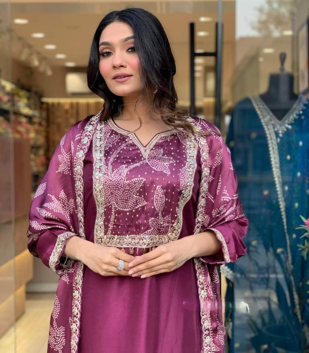 Casual Wear Wine Color Chanderi Viscose With Embroidery Work Kurta Set