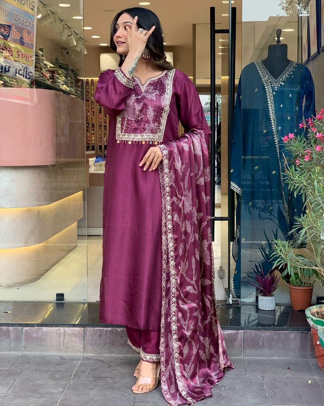 Casual Wear Wine Color Chanderi Viscose With Embroidery Work Kurta Set