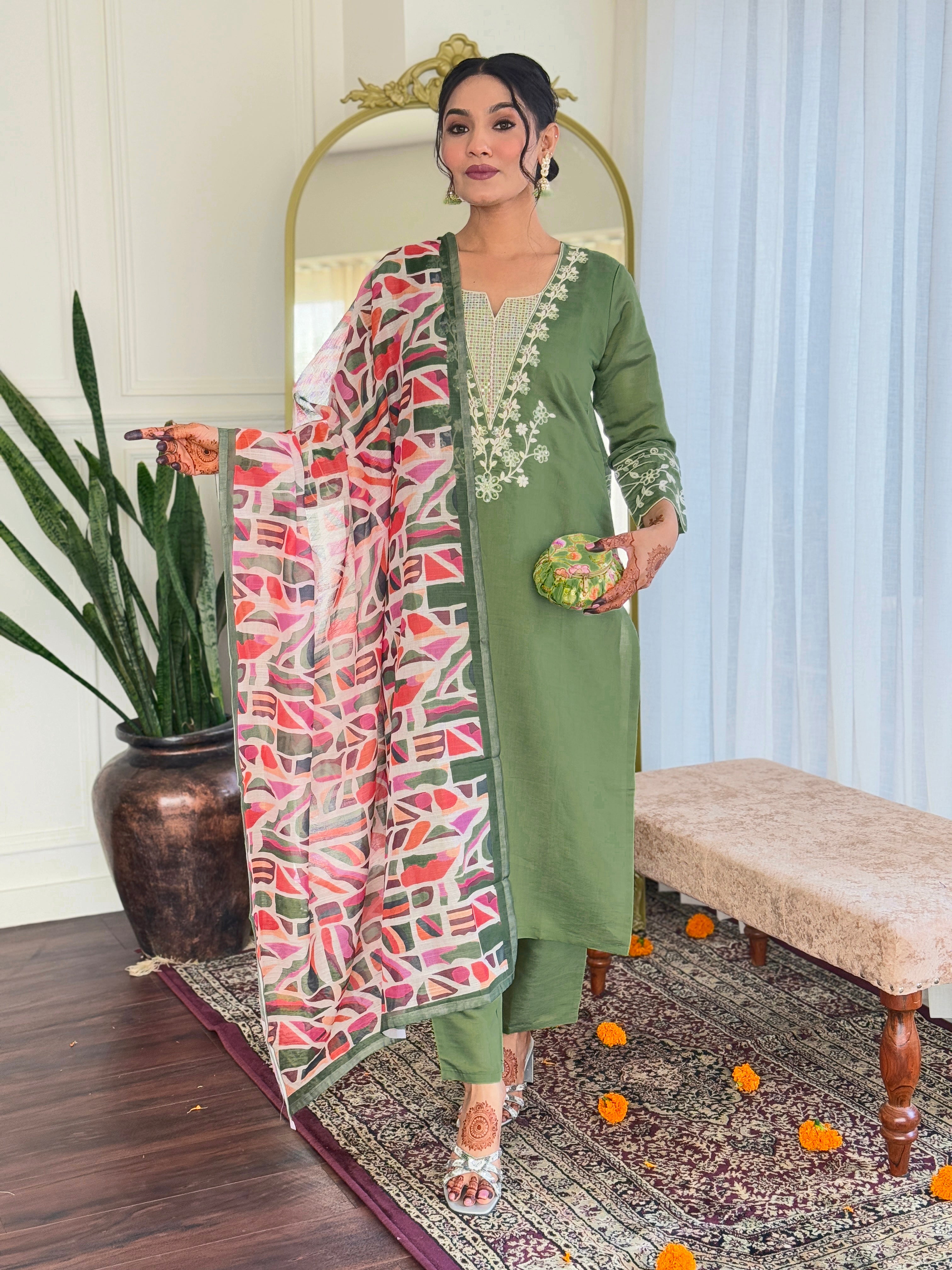 Wedding Wear Green Color Viscose Chanderi With Embroidery Work Designer Kurta Set