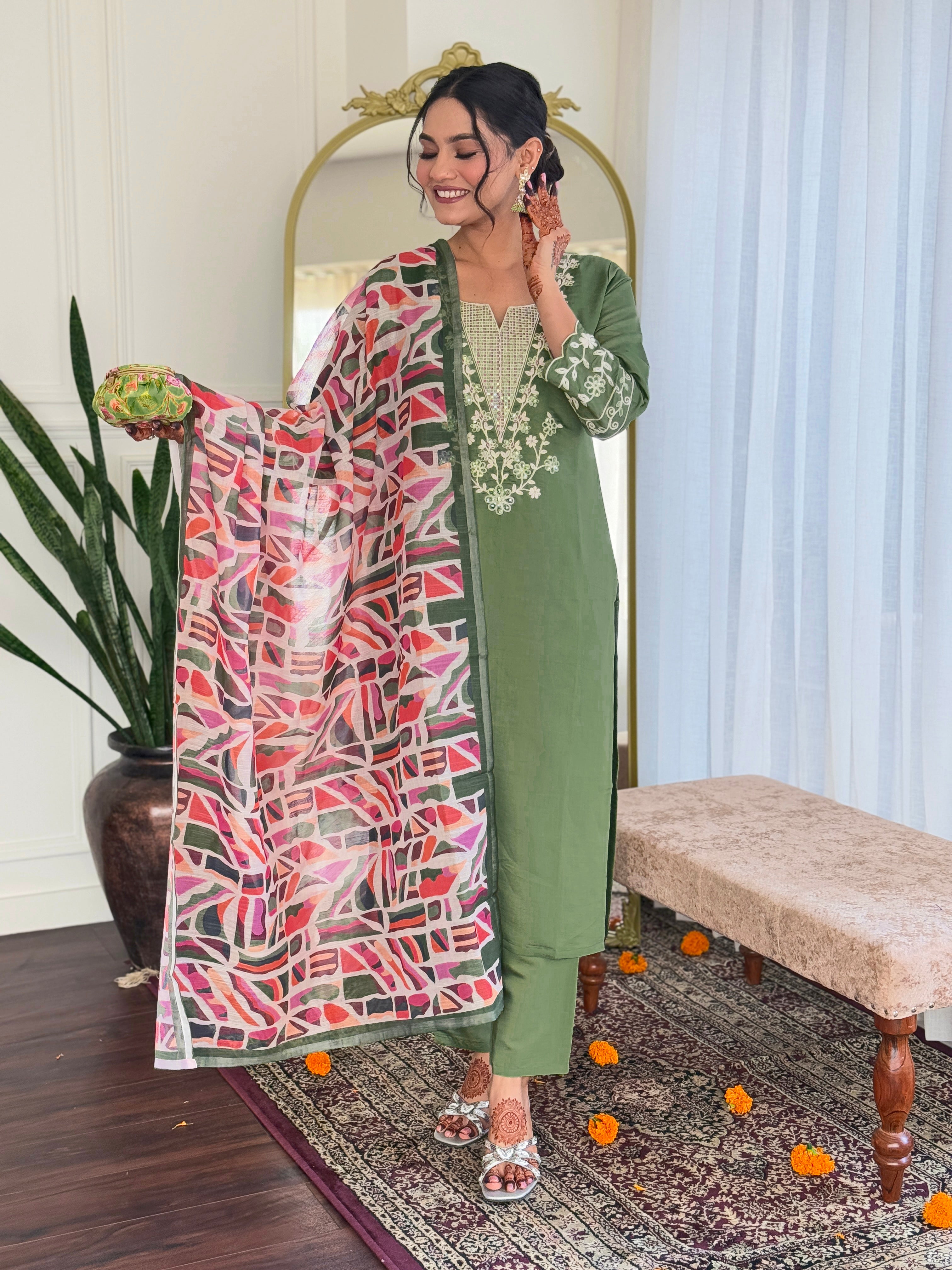 Wedding Wear Green Color Viscose Chanderi With Embroidery Work Designer Kurta Set