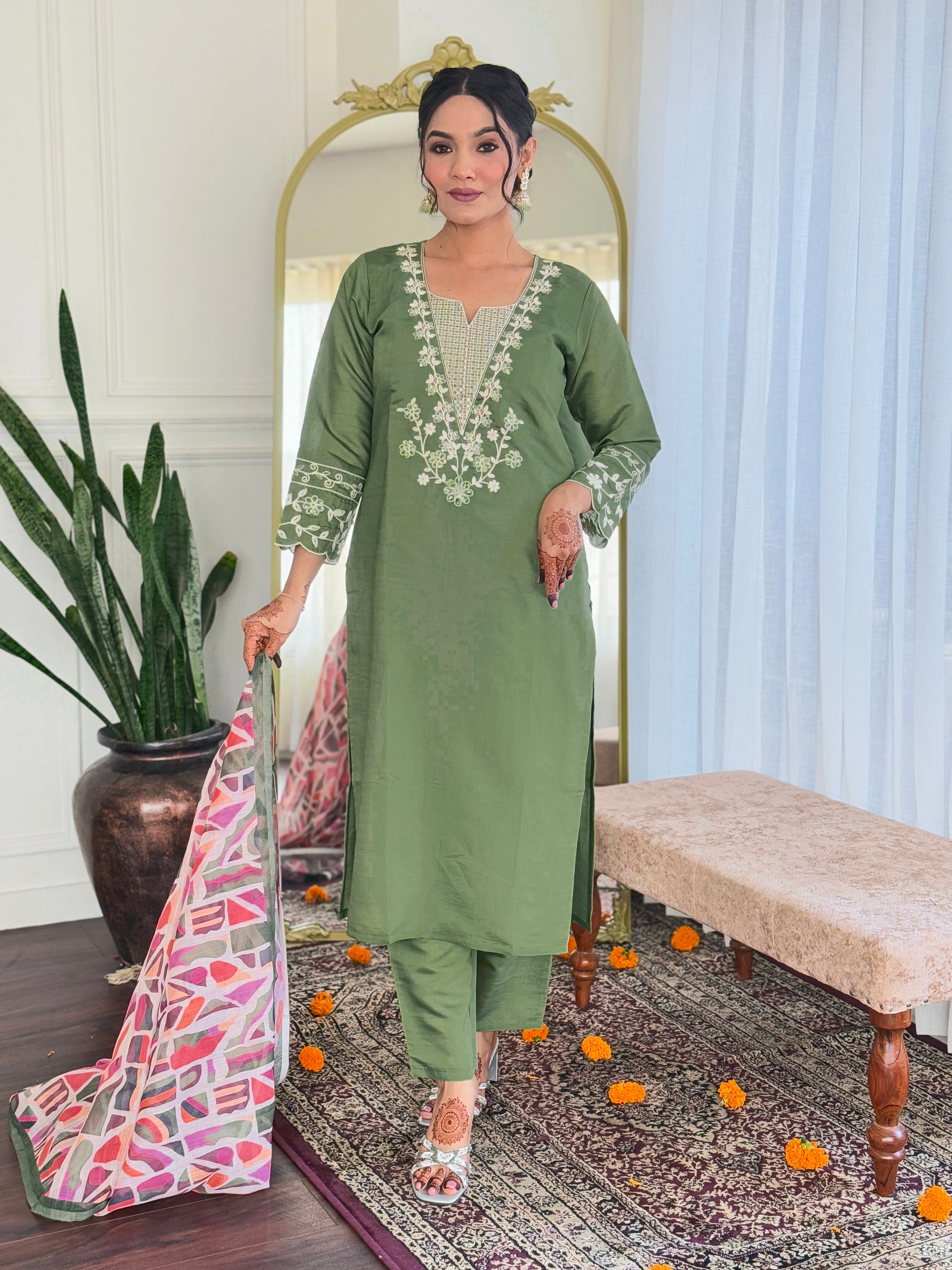 Wedding Wear Green Color Viscose Chanderi With Embroidery Work Designer Kurta Set