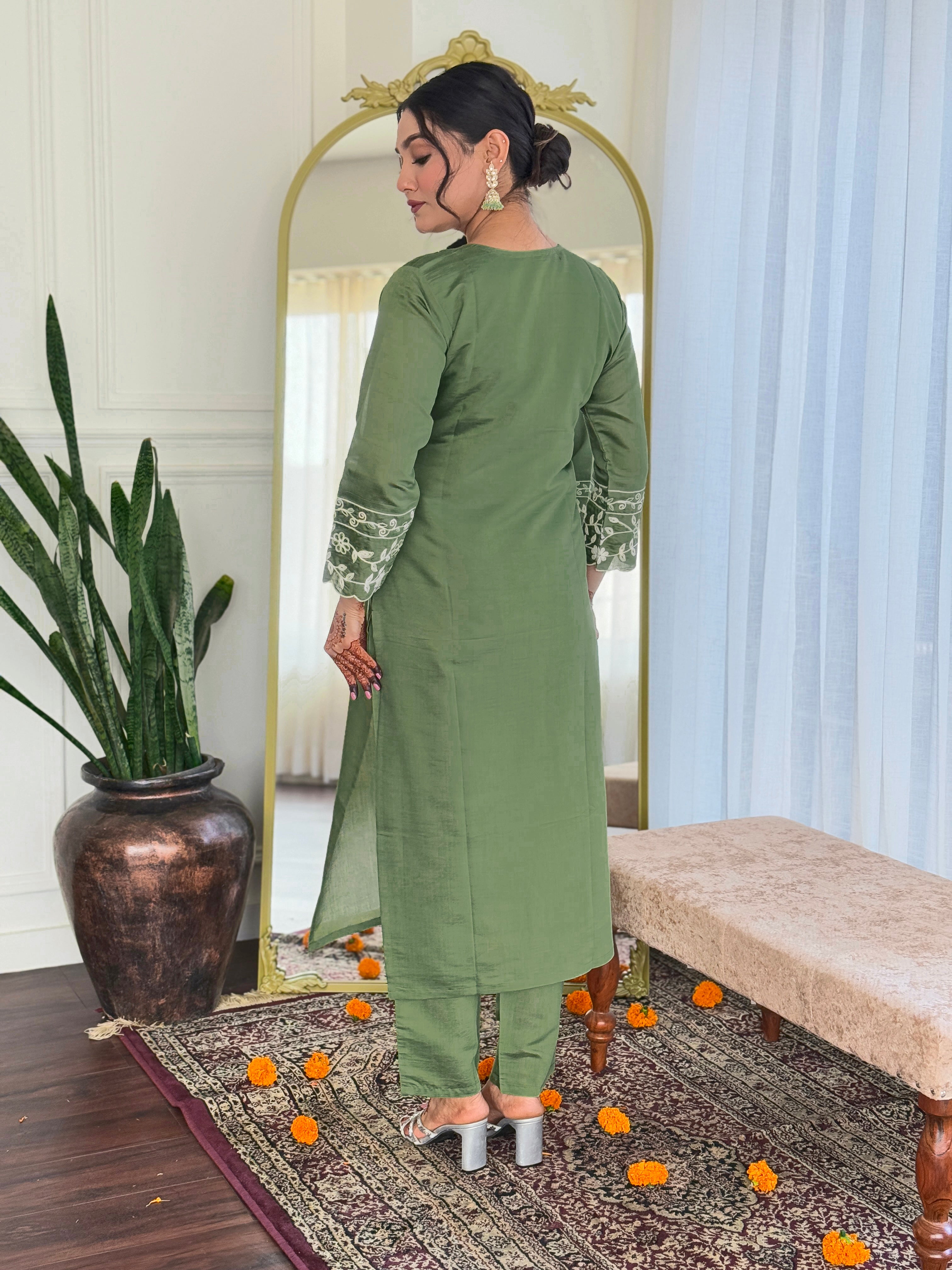 Wedding Wear Green Color Viscose Chanderi With Embroidery Work Designer Kurta Set