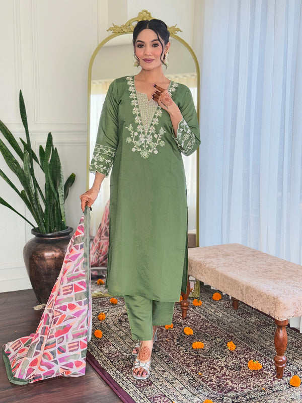 Wedding Wear Green Color Viscose Chanderi With Embroidery Work Designer Kurta Set