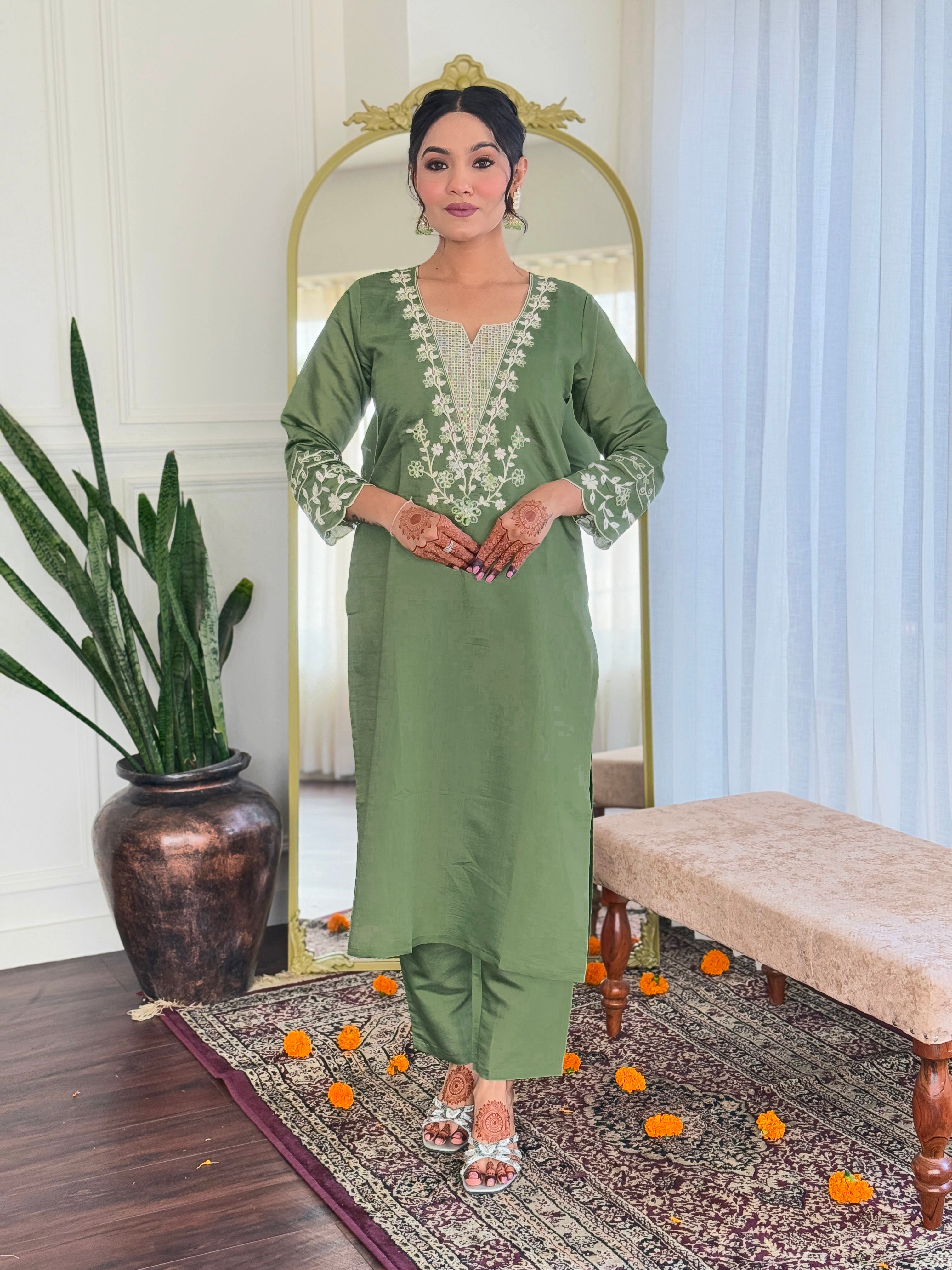 Wedding Wear Green Color Viscose Chanderi With Embroidery Work Designer Kurta Set
