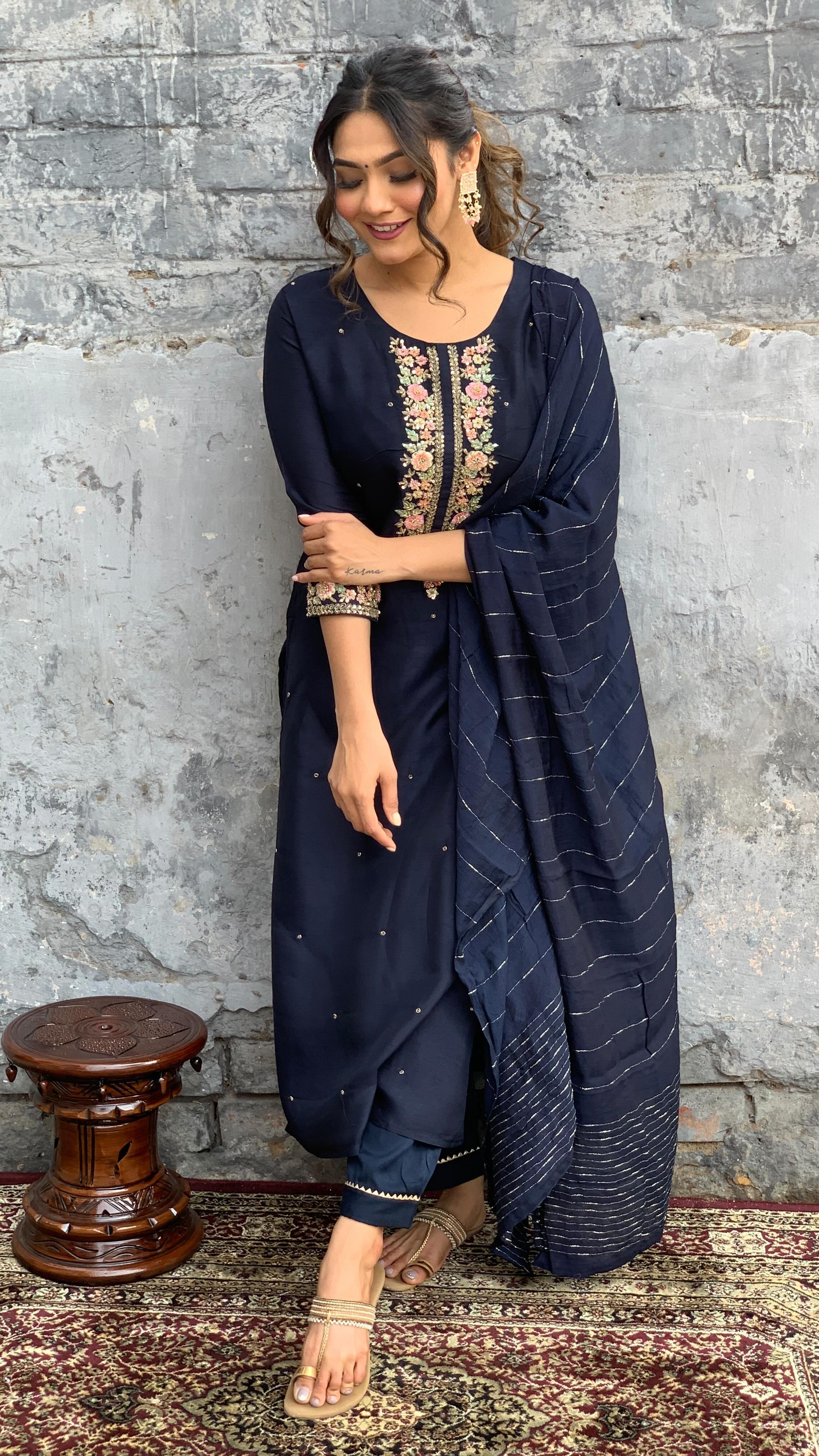 Opulent Blue Color Viscose Chanderi With Embroidery Work Beautiful Kurta Set