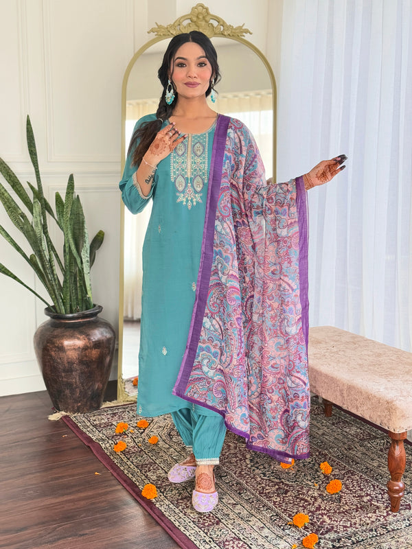 Trendy Aqua Color Viscose Chanderi And Embroidery Work Beautiful Kurta Set