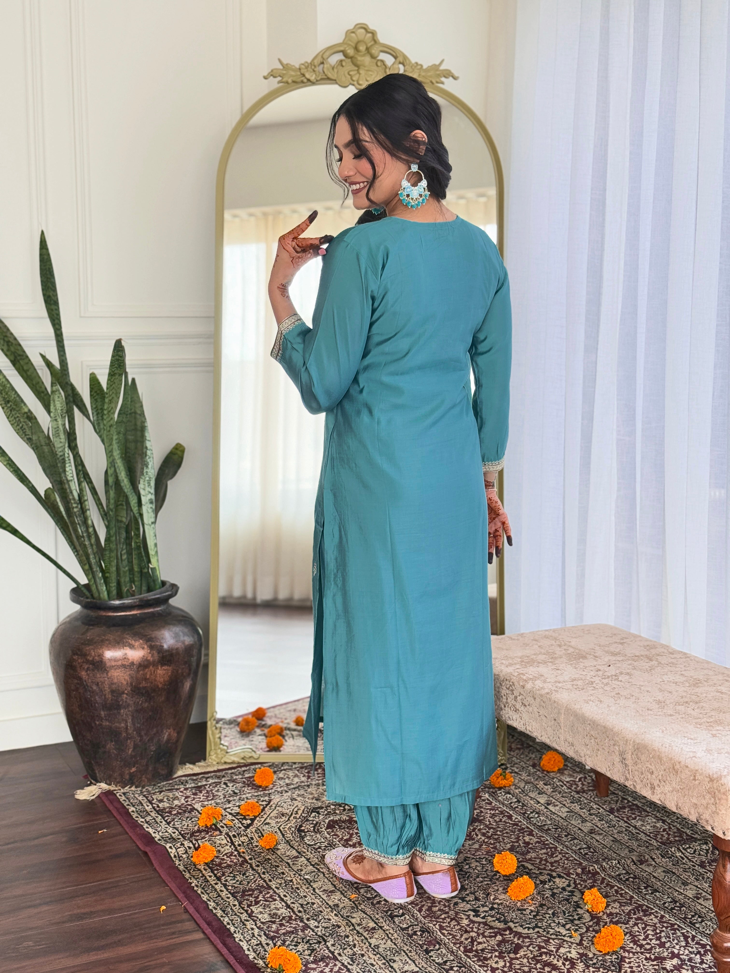 Trendy Aqua Color Viscose Chanderi And Embroidery Work Beautiful Kurta Set