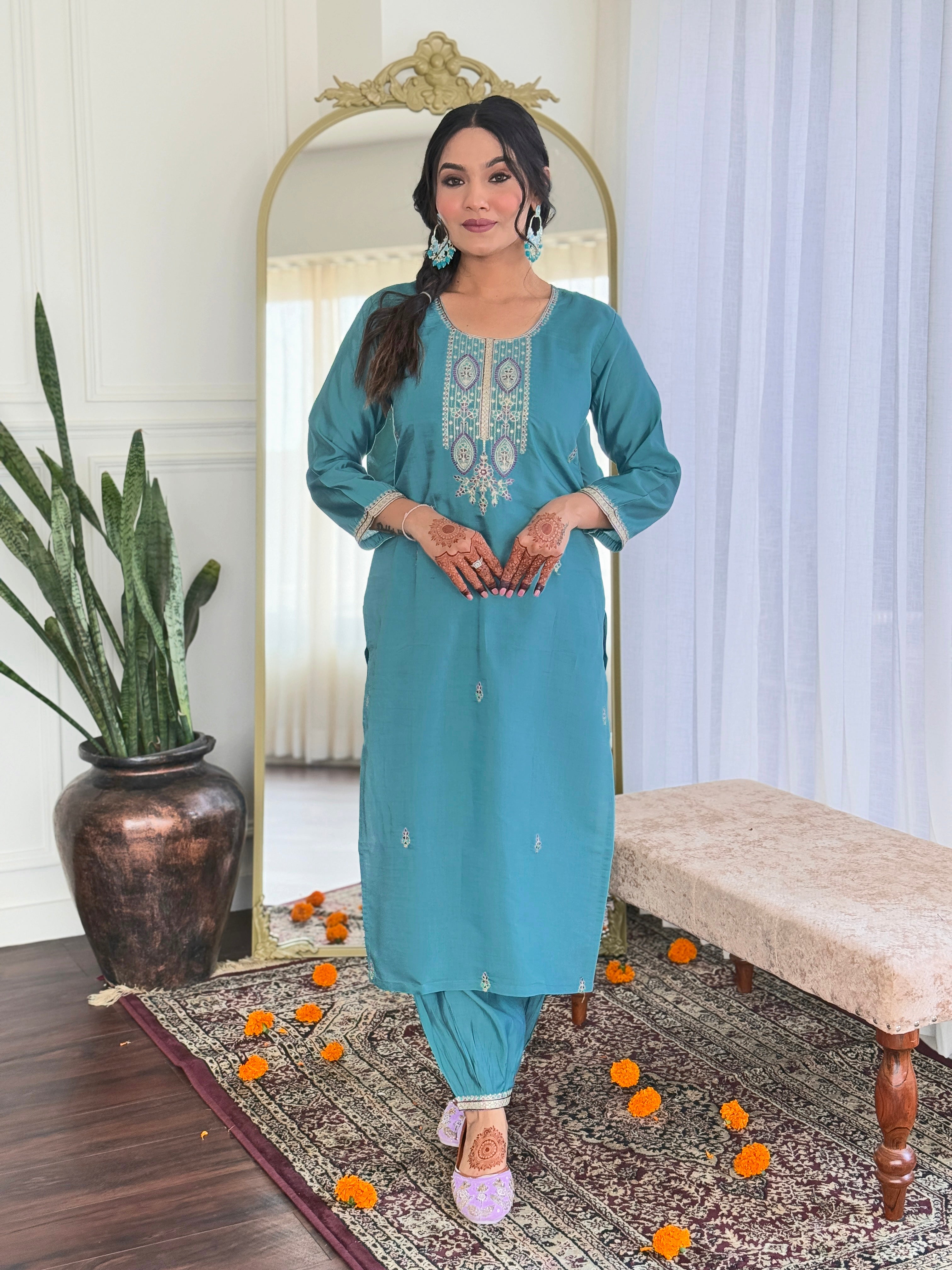 Trendy Aqua Color Viscose Chanderi And Embroidery Work Beautiful Kurta Set