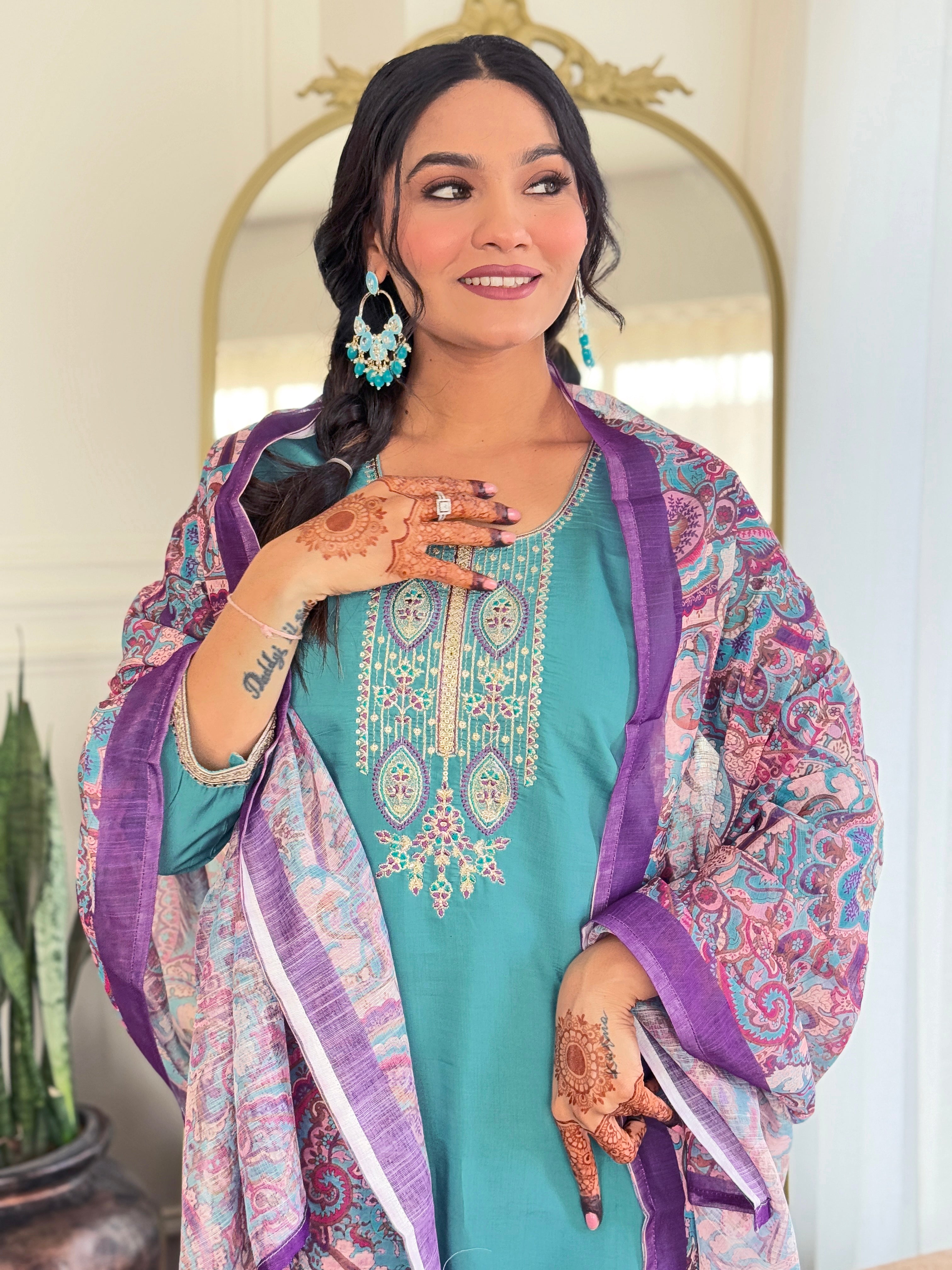 Trendy Aqua Color Viscose Chanderi And Embroidery Work Beautiful Kurta Set