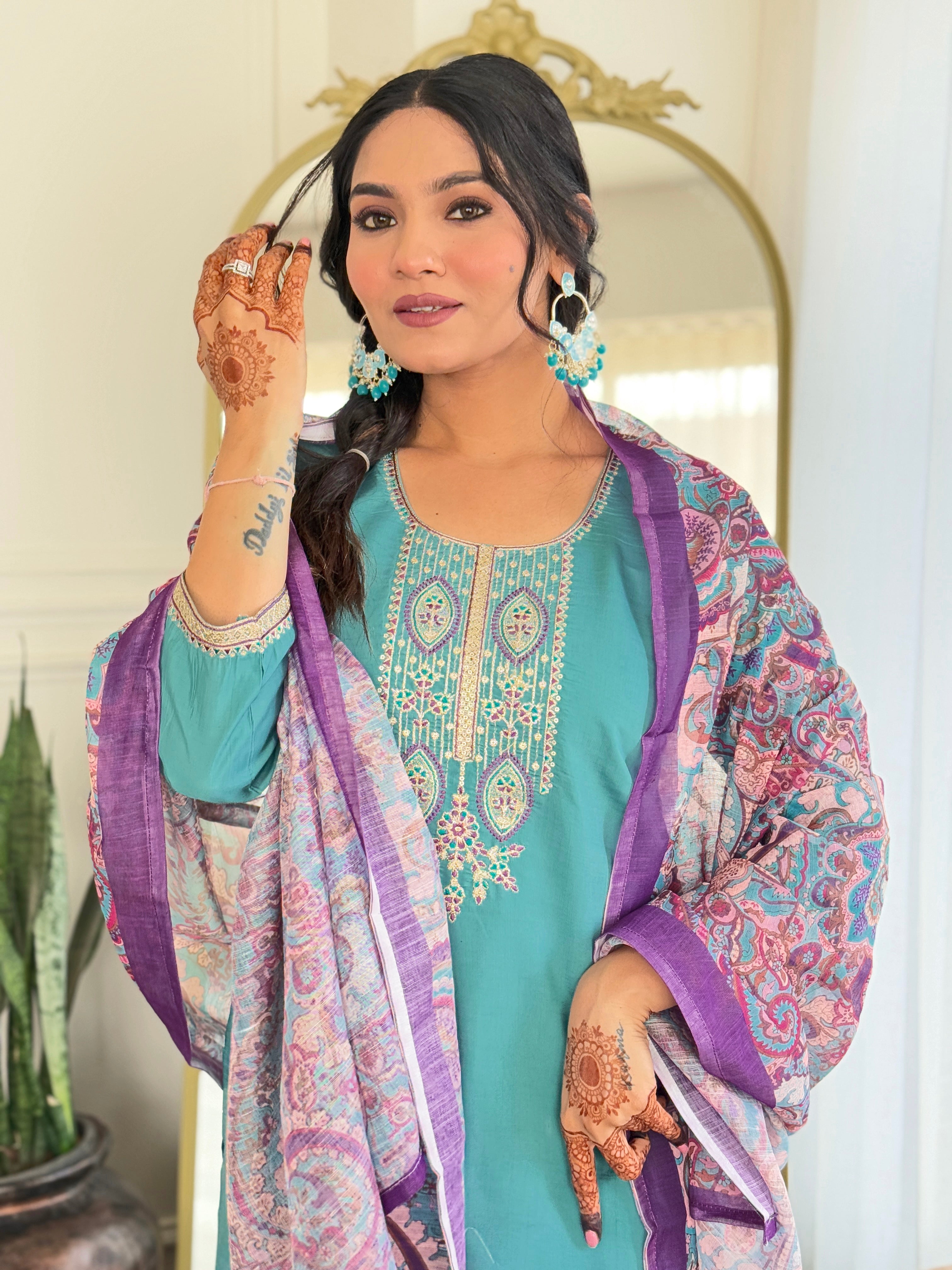 Trendy Aqua Color Viscose Chanderi And Embroidery Work Beautiful Kurta Set