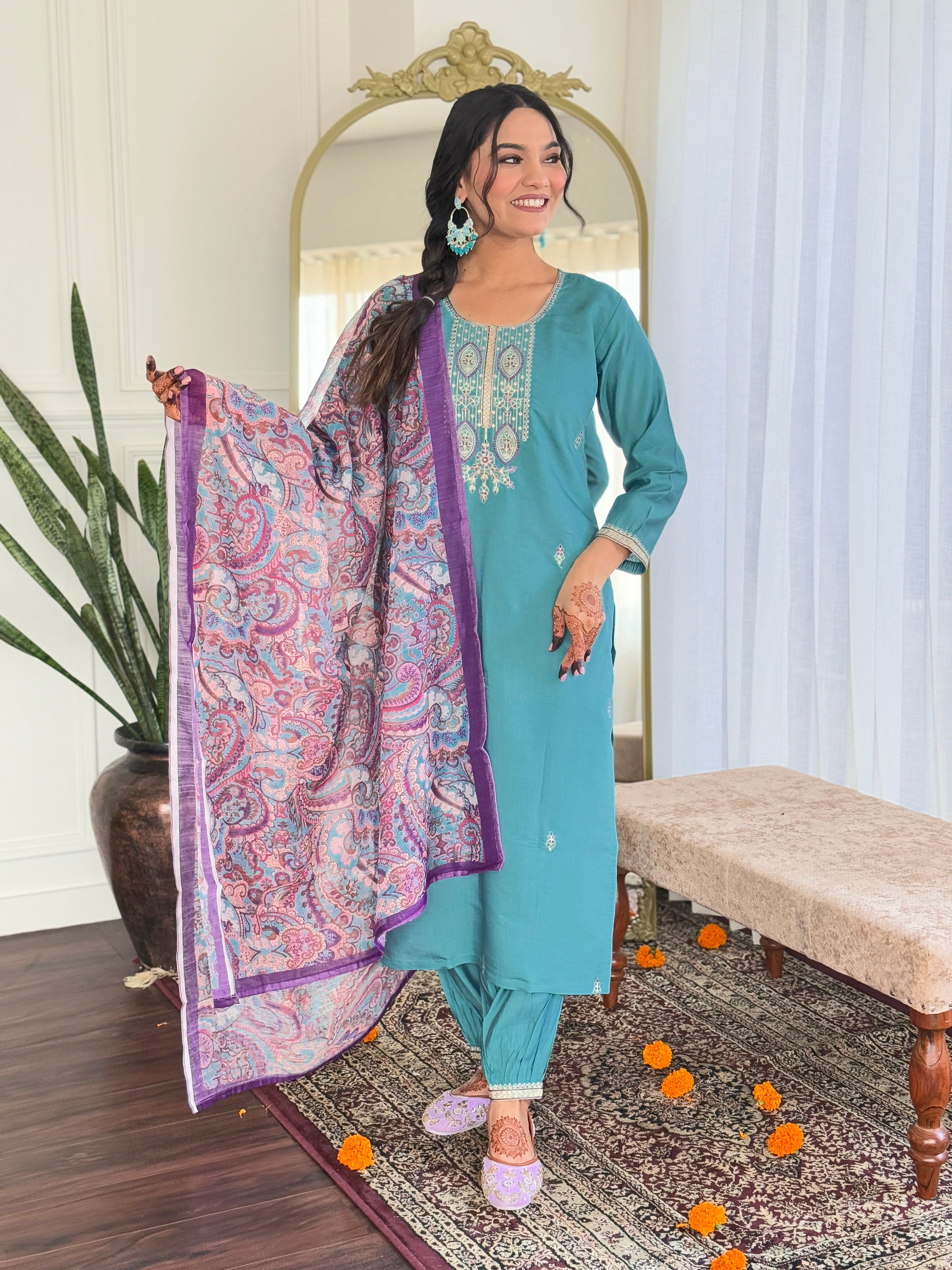 Trendy Aqua Color Viscose Chanderi And Embroidery Work Beautiful Kurta Set