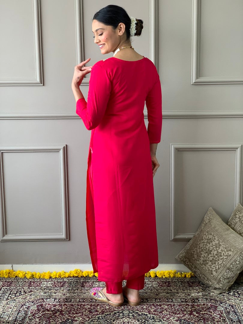 Party Wear Pink Color Viscose Chanderi With Embroidery Work Straight Kurta Set