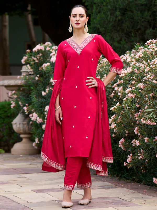 Casual Wear Red Color Rayon Slub WIth Embroidery Work Designer Kurta Set